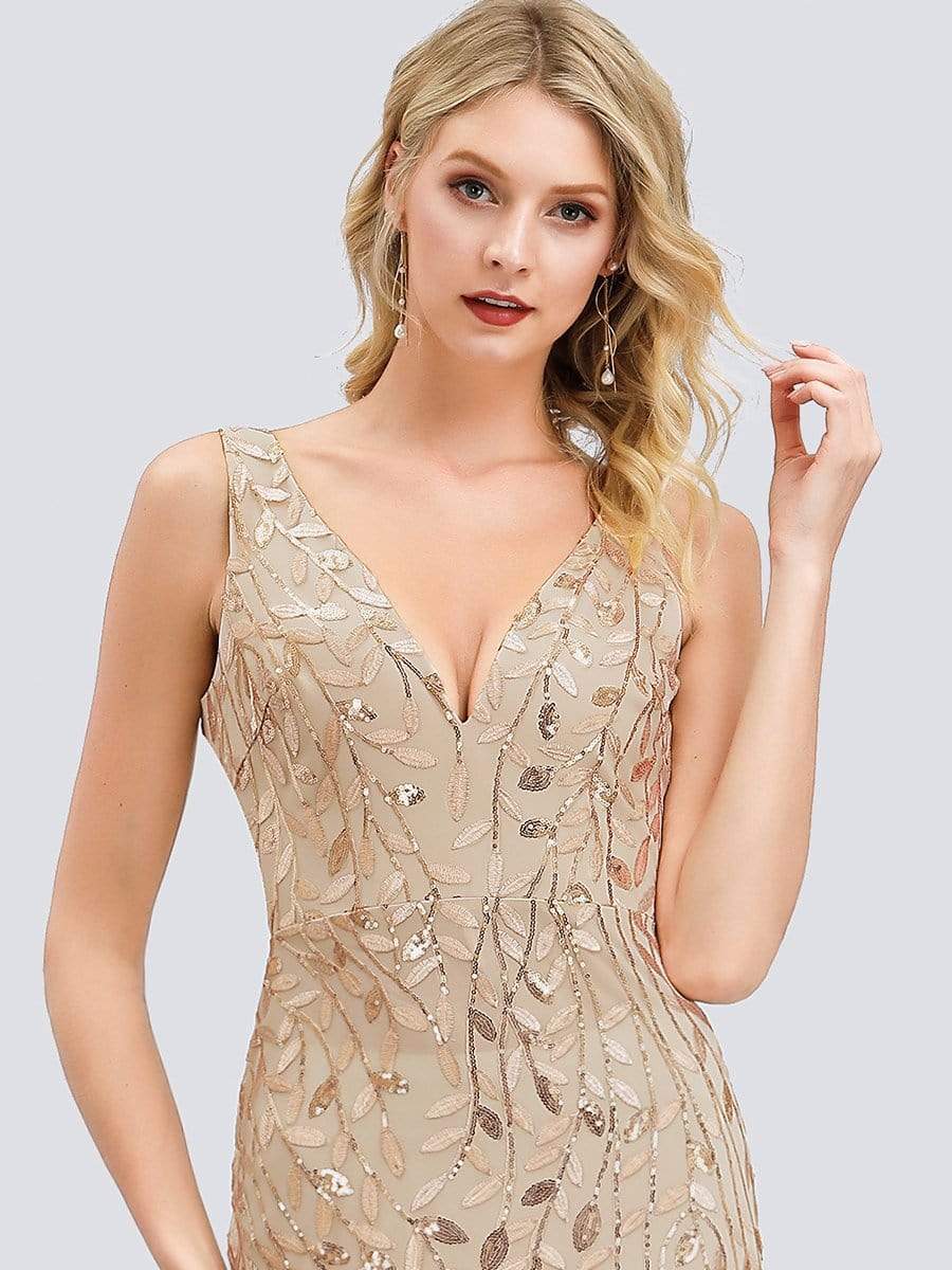 COLOR=Gold | Women'S Double V-Neck Fishtail Seuqin Evening Maxi Dress-Gold 5 COLOR=Gold | Women'S Double V-Neck Fishtail Seuqin Evening Maxi Dress-Gold 5