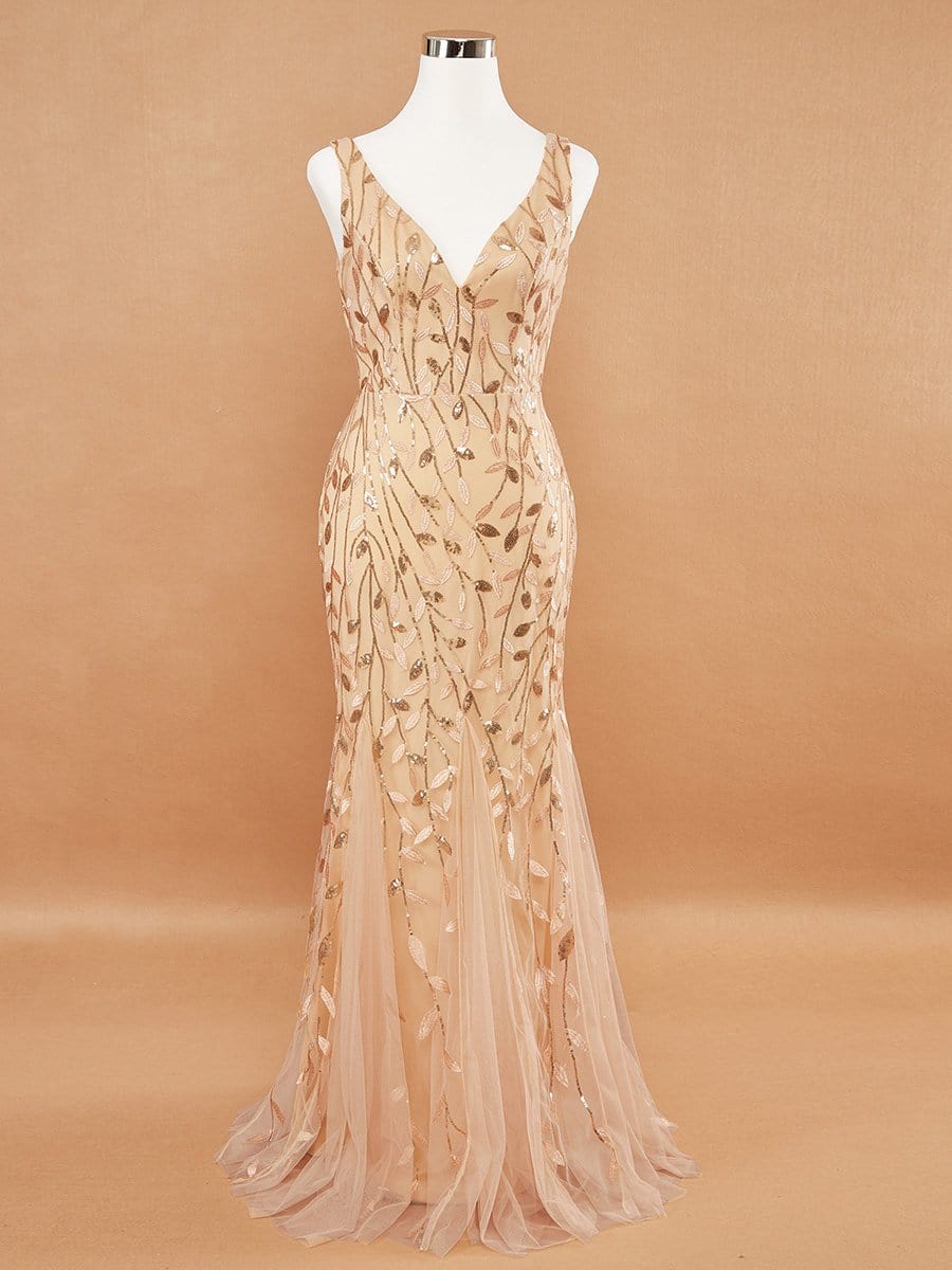 COLOR=Gold | Women'S Double V-Neck Fishtail Seuqin Evening Maxi Dress-Gold 9 COLOR=Gold | Women'S Double V-Neck Fishtail Seuqin Evening Maxi Dress-Gold 9