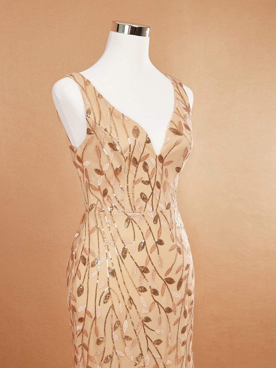 COLOR=Gold | Women'S Double V-Neck Fishtail Seuqin Evening Maxi Dress-Gold 8