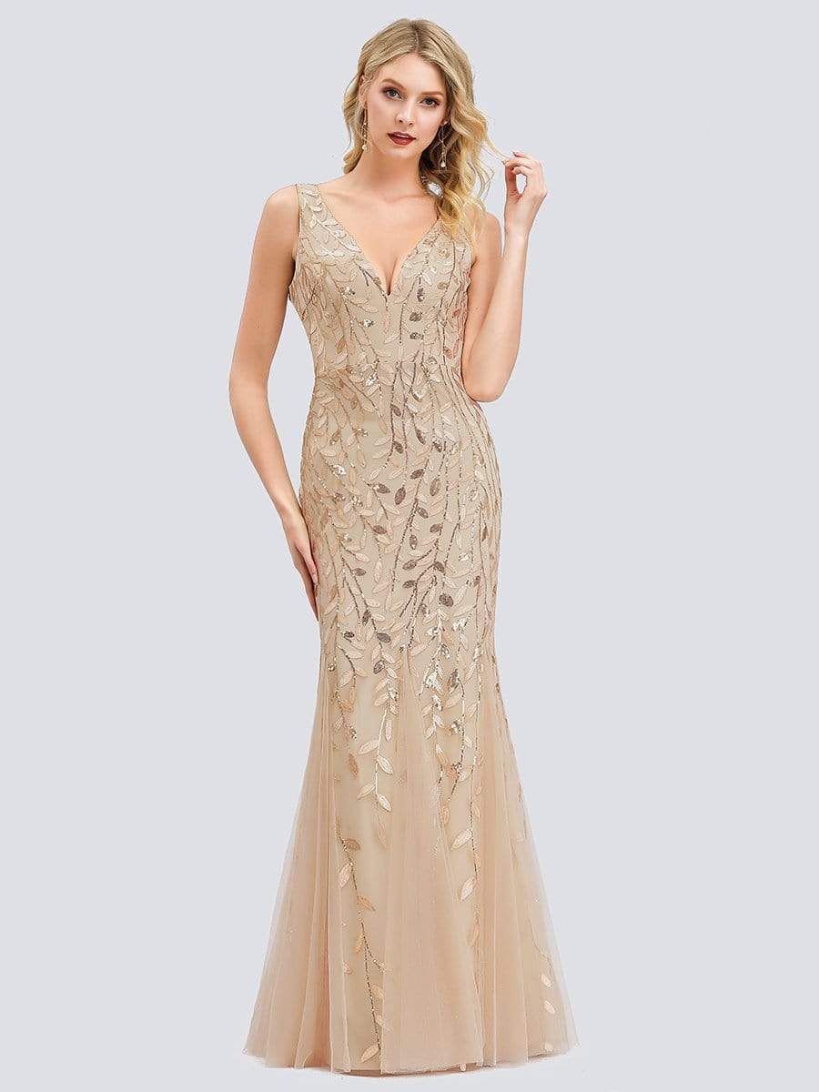 COLOR=Gold | Women'S Double V-Neck Fishtail Seuqin Evening Maxi Dress-Gold 3 COLOR=Gold | Women'S Double V-Neck Fishtail Seuqin Evening Maxi Dress-Gold 3