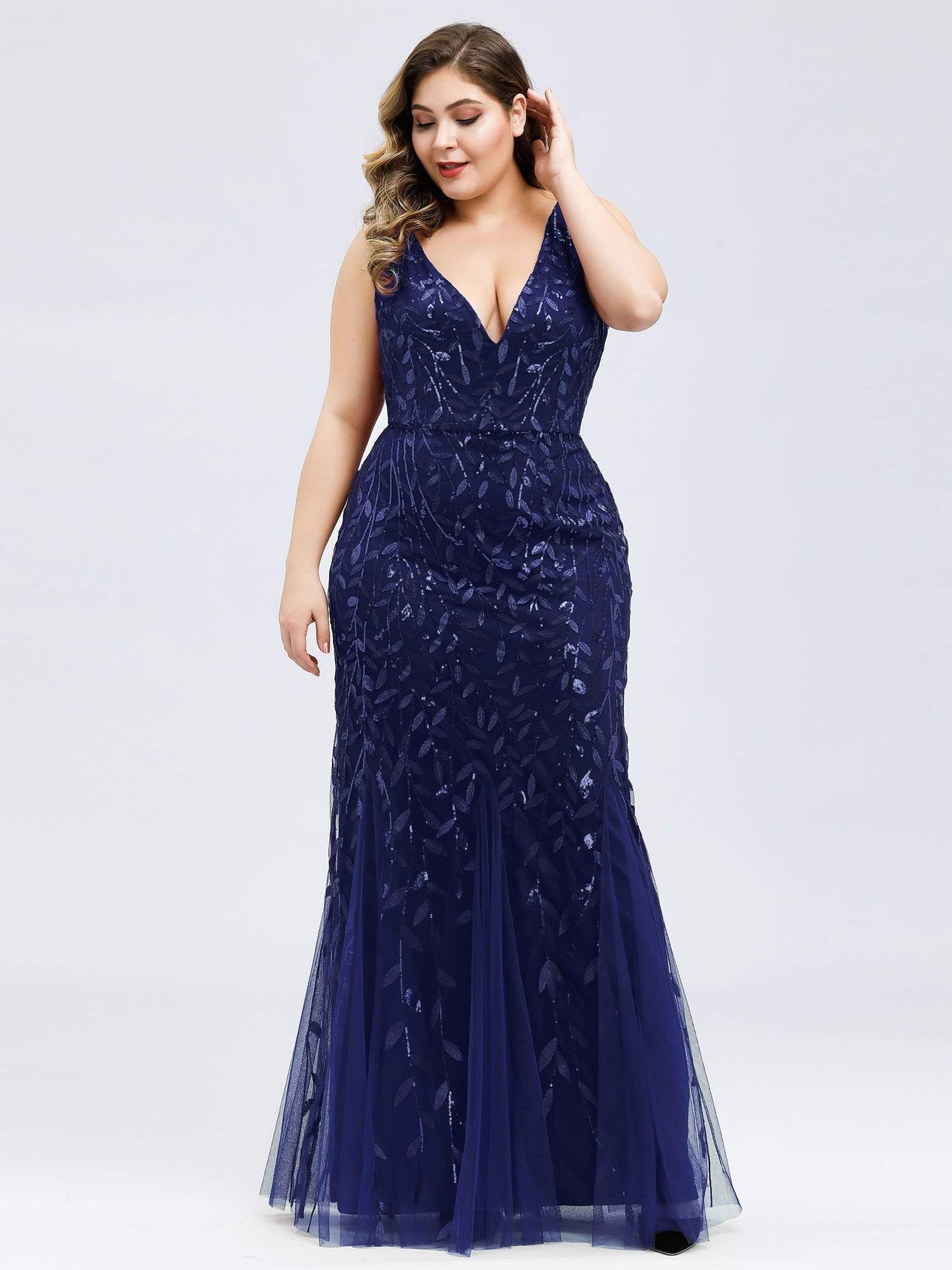 Color=Navy Blue | Women'S Double V-Neck Plus Size Fishtail Seuqin Evening Maxi Dress-Navy Blue 4 Color=Navy Blue | Women'S Double V-Neck Plus Size Fishtail Seuqin Evening Maxi Dress-Navy Blue 4
