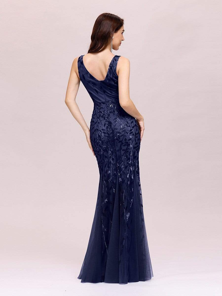 Color=Navy Blue | Women'S Double V-Neck Fishtail Seuqin Evening Maxi Dress-Navy Blue 2 Color=Navy Blue | Women'S Double V-Neck Fishtail Seuqin Evening Maxi Dress-Navy Blue 2