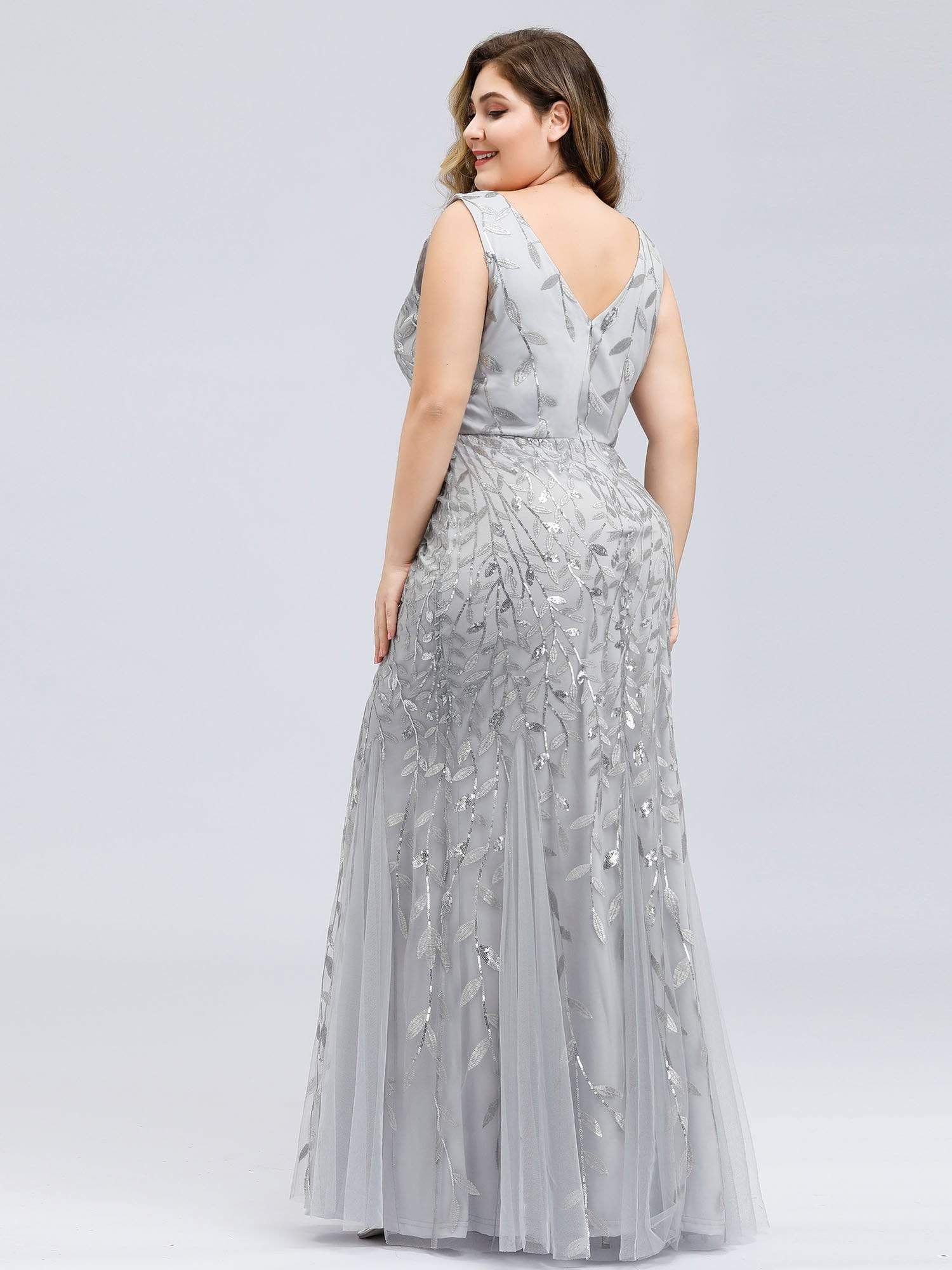Color=Silver | Women'S Double V-Neck Plus Size Fishtail Seuqin Evening Maxi Dress-Silver 2 Color=Silver | Women'S Double V-Neck Plus Size Fishtail Seuqin Evening Maxi Dress-Silver 2