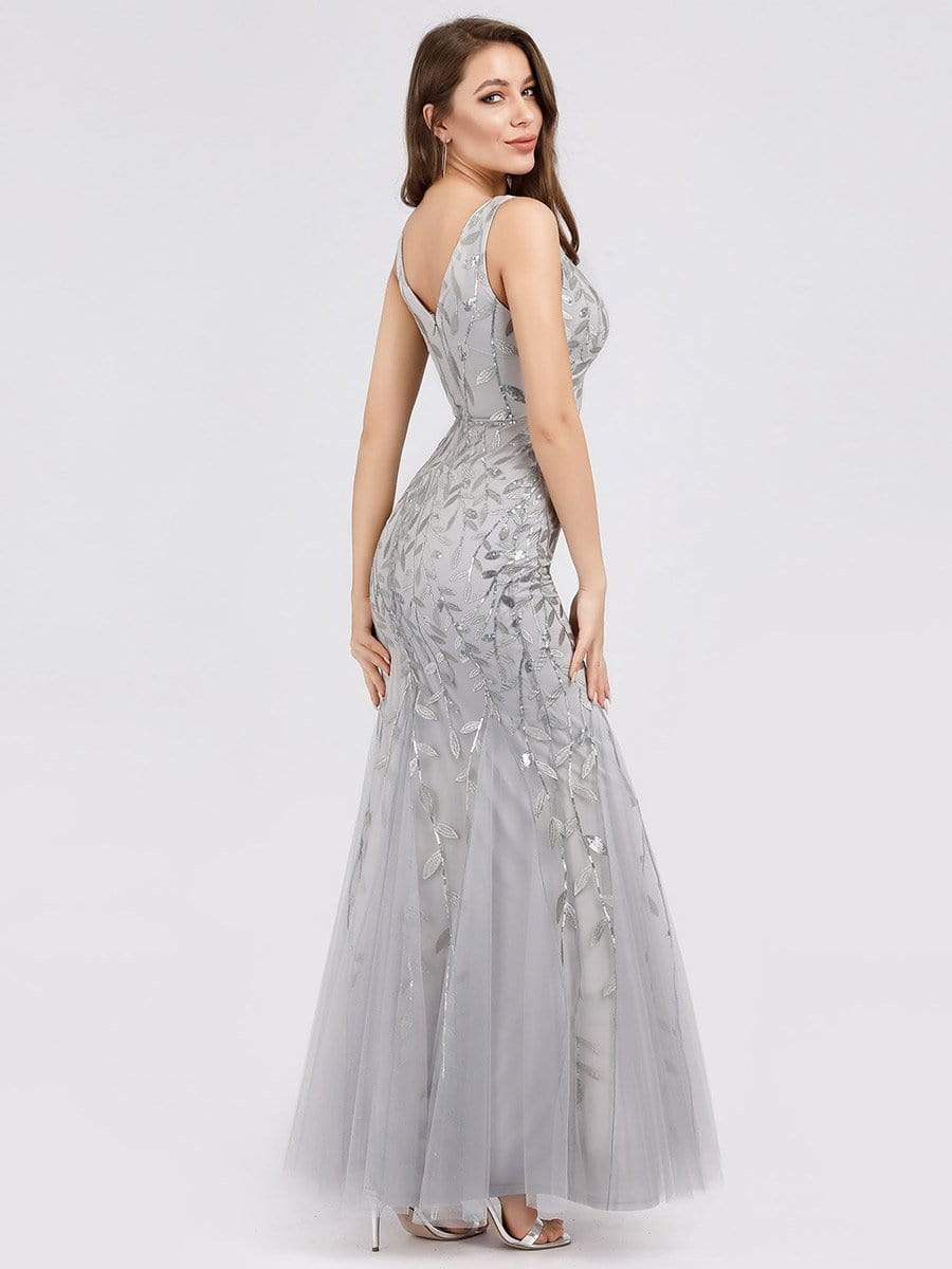 Color=Silver | Women'S Double V-Neck Fishtail Seuqin Evening Maxi Dress-Silver 2 Color=Silver | Women'S Double V-Neck Fishtail Seuqin Evening Maxi Dress-Silver 2