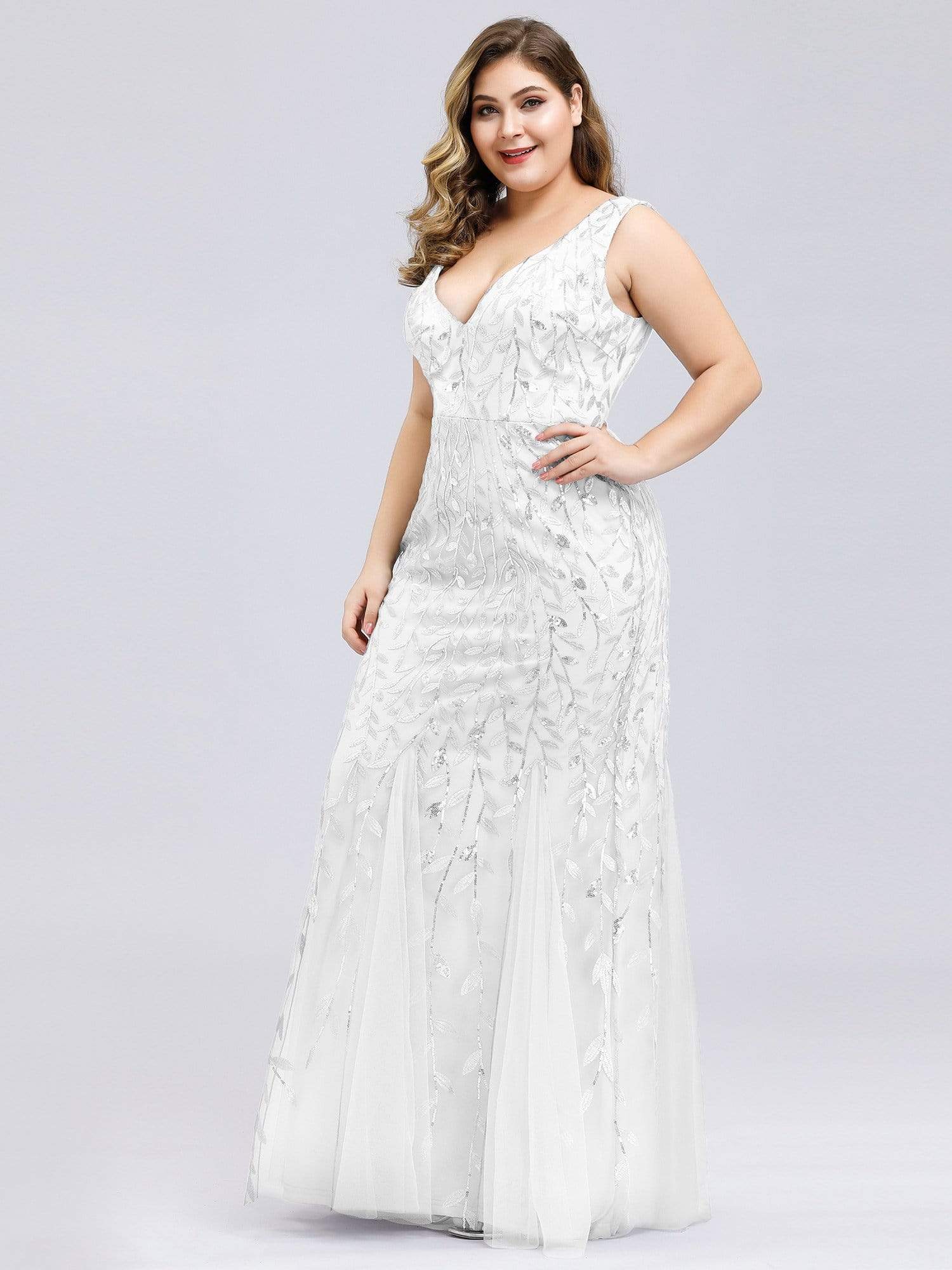 COLOR=White | Women'S Double V-Neck Plus Size Fishtail Seuqin Evening Maxi Dress-White 3 COLOR=White | Women'S Double V-Neck Plus Size Fishtail Seuqin Evening Maxi Dress-White 3