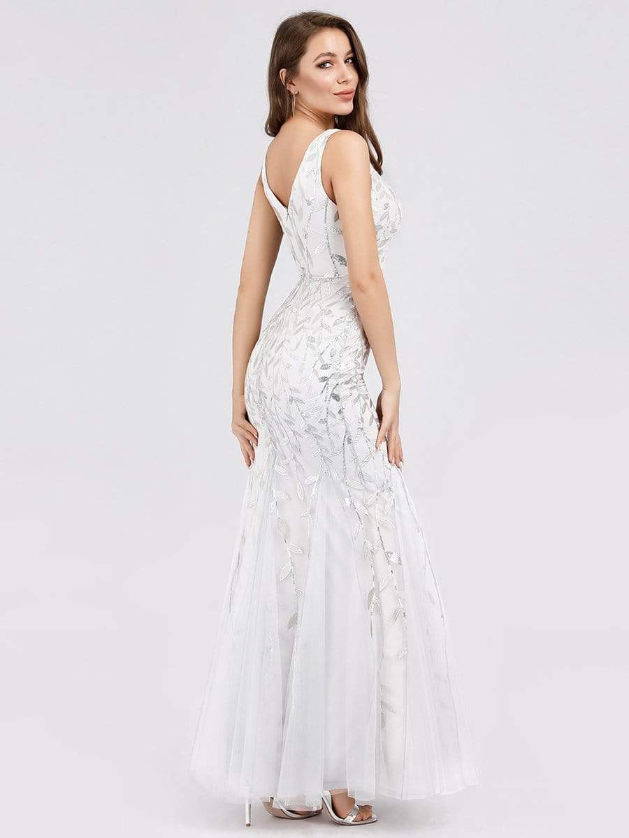 COLOR=White | Women'S Double V-Neck Fishtail Seuqin Evening Maxi Dress-White 4 COLOR=White | Women'S Double V-Neck Fishtail Seuqin Evening Maxi Dress-White 4
