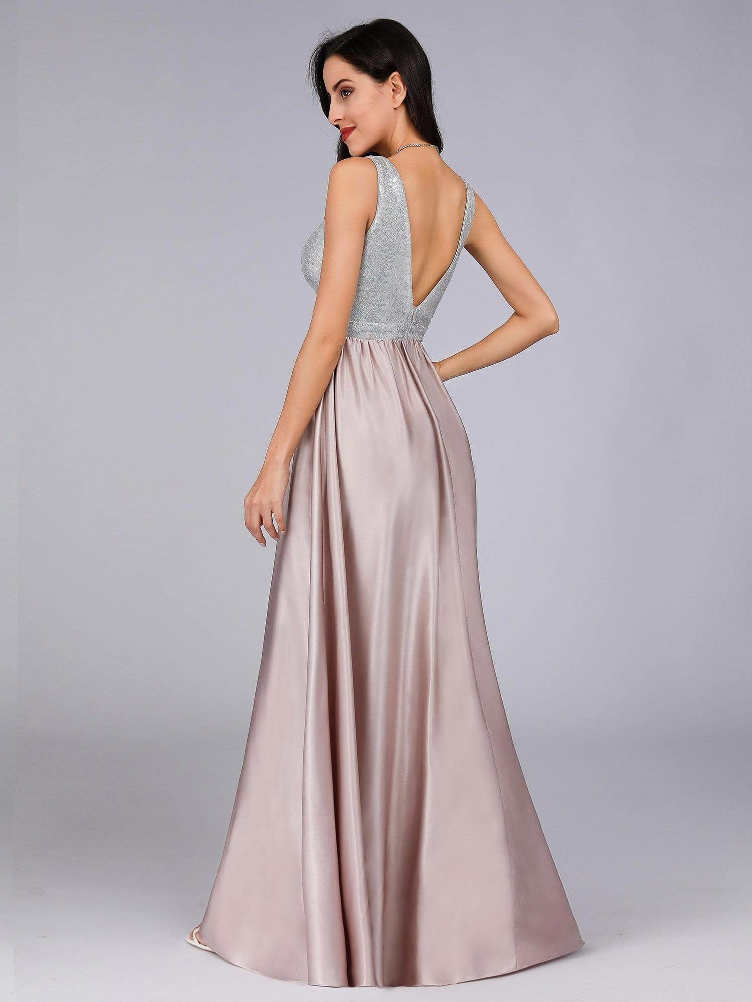 Color=Blush | Women V Neck Paillette Floor Length Evening Dresses-Blush 6 Color=Blush | Women V Neck Paillette Floor Length Evening Dresses-Blush 6