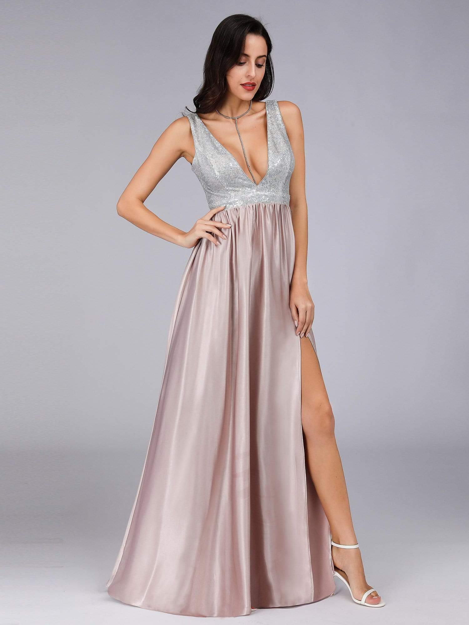 Color=Blush | Women V Neck Paillette Floor Length Evening Dresses-Blush 7 Color=Blush | Women V Neck Paillette Floor Length Evening Dresses-Blush 7