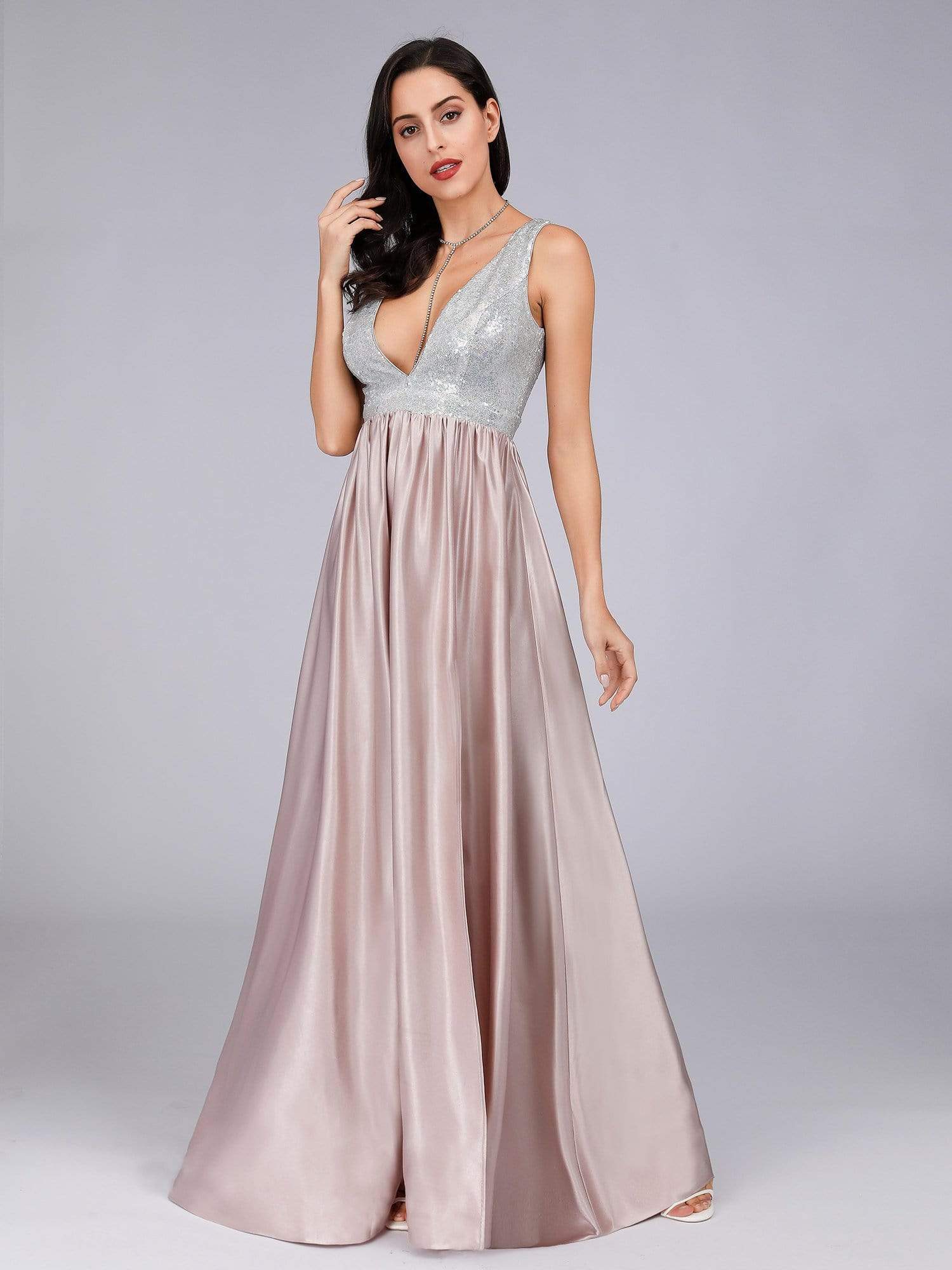 Color=Blush | Women V Neck Paillette Floor Length Evening Dresses-Blush 8 Color=Blush | Women V Neck Paillette Floor Length Evening Dresses-Blush 8