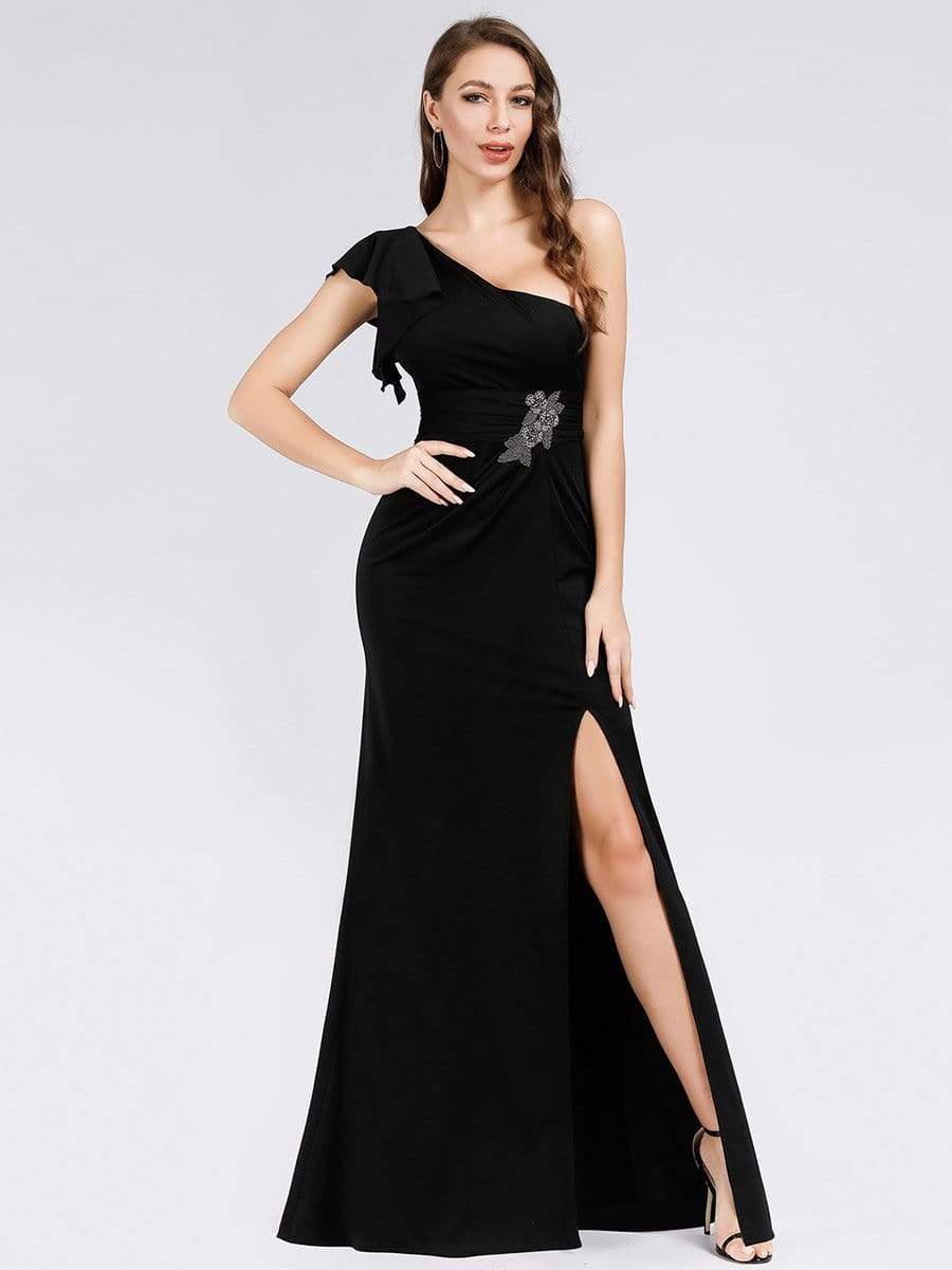 Color=Black | Fashion One Shoulder High Slit Party Dress-Black 1 Color=Black | Fashion One Shoulder High Slit Party Dress-Black 1