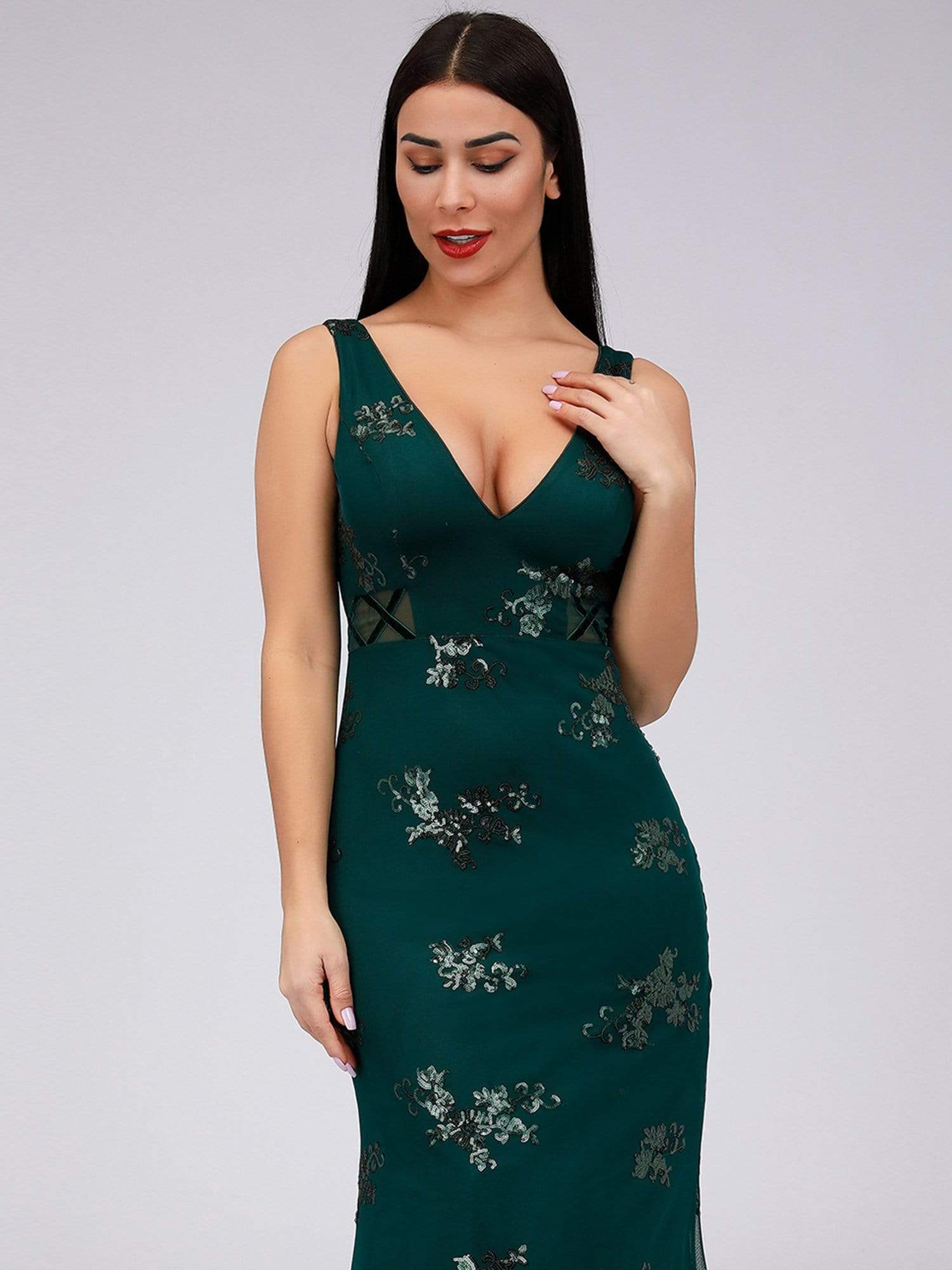 Color=Dark Green | Women'S Double V-Neck Sleeveless Mermaid Cocktail Party Maxi Dress-Dark Green 5 Color=Dark Green | Women'S Double V-Neck Sleeveless Mermaid Cocktail Party Maxi Dress-Dark Green 5