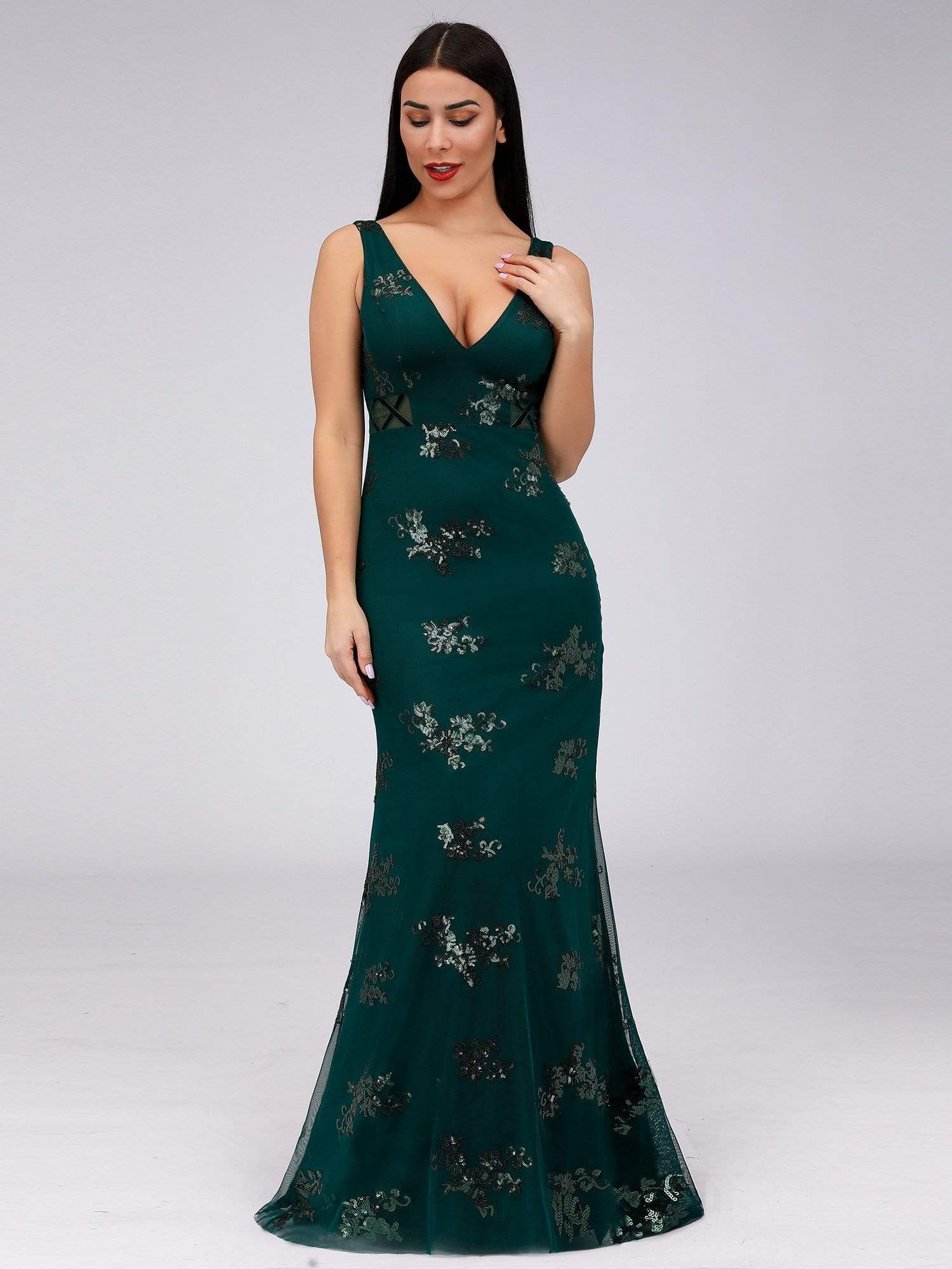 Color=Dark Green | Women'S Double V-Neck Sleeveless Mermaid Cocktail Party Maxi Dress-Dark Green 3 Color=Dark Green | Women'S Double V-Neck Sleeveless Mermaid Cocktail Party Maxi Dress-Dark Green 3
