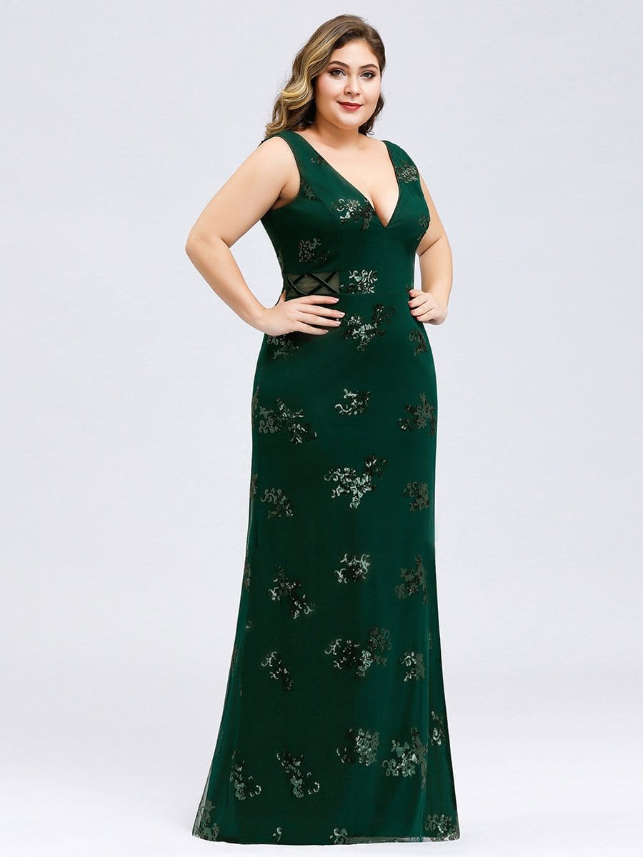 Color=Dark Green | Plus Size Women'S Double V-Neck Sleeveless Mermaid Cocktail Party Maxi Dress-Dark Green 1 Color=Dark Green | Plus Size Women'S Double V-Neck Sleeveless Mermaid Cocktail Party Maxi Dress-Dark Green 1