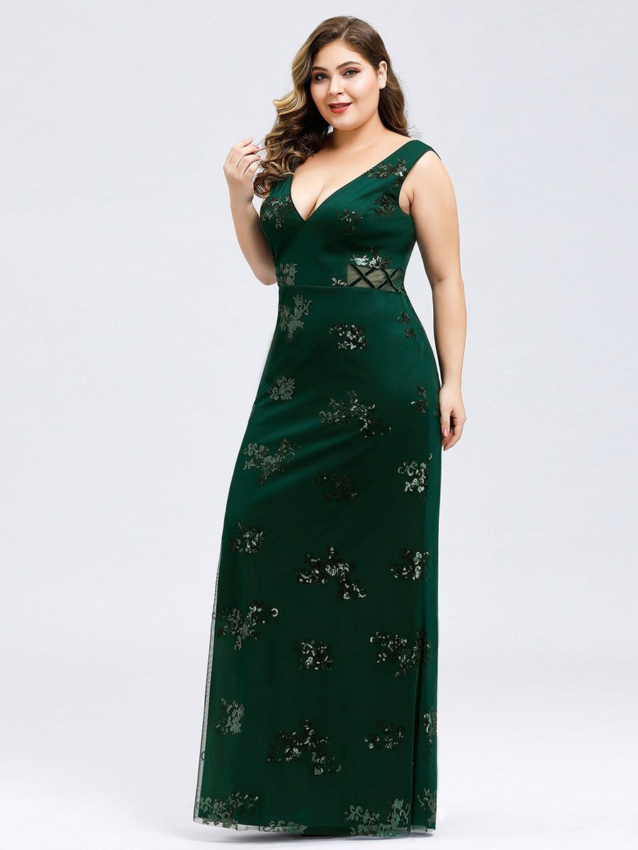 Color=Dark Green | Plus Size Women'S Double V-Neck Sleeveless Mermaid Cocktail Party Maxi Dress-Dark Green 3 Color=Dark Green | Plus Size Women'S Double V-Neck Sleeveless Mermaid Cocktail Party Maxi Dress-Dark Green 3