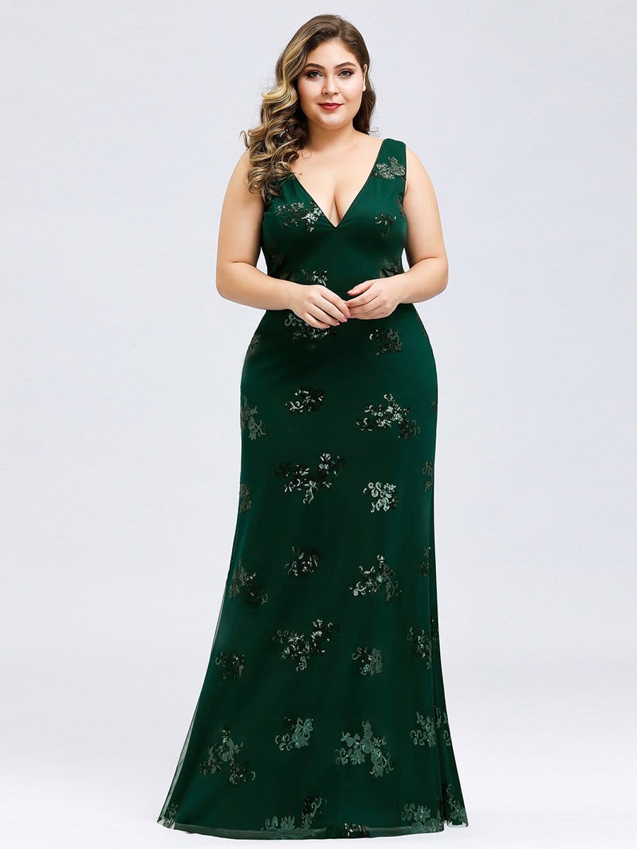 Color=Dark Green | Plus Size Women'S Double V-Neck Sleeveless Mermaid Cocktail Party Maxi Dress-Dark Green 4 Color=Dark Green | Plus Size Women'S Double V-Neck Sleeveless Mermaid Cocktail Party Maxi Dress-Dark Green 4