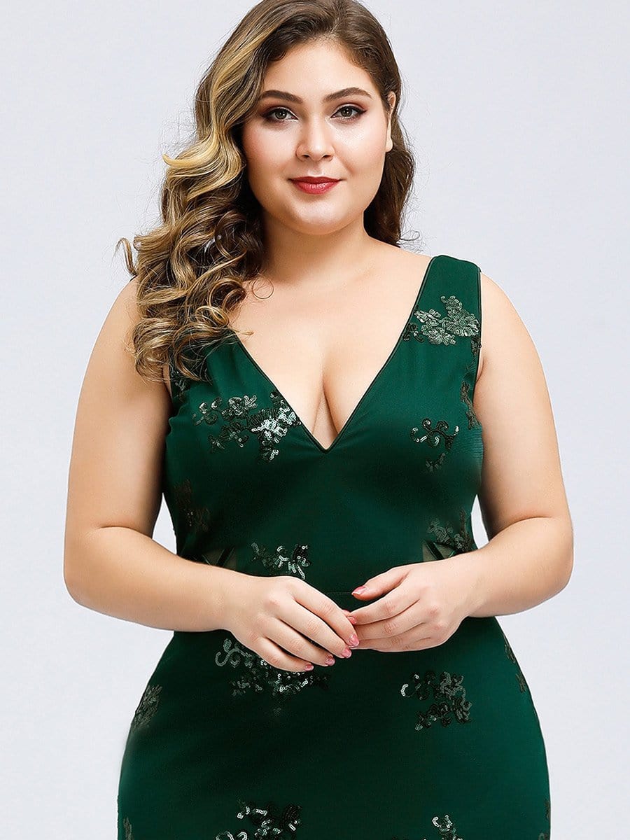 Color=Dark Green | Plus Size Women'S Double V-Neck Sleeveless Mermaid Cocktail Party Maxi Dress-Dark Green 5 Color=Dark Green | Plus Size Women'S Double V-Neck Sleeveless Mermaid Cocktail Party Maxi Dress-Dark Green 5