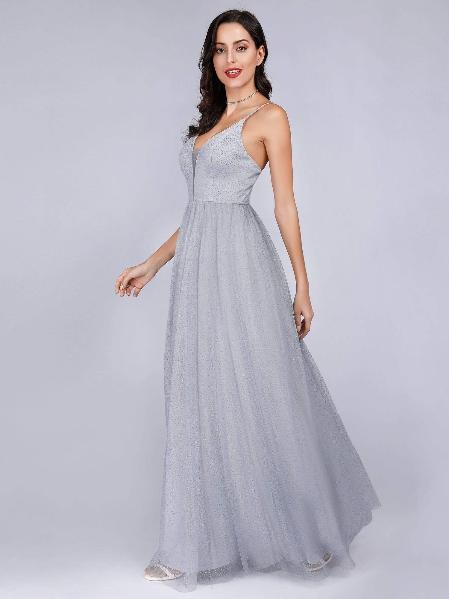 Color=Grey | Women'S Sleeveless V-Neck Evening Dress-Grey 3 Color=Grey | Women'S Sleeveless V-Neck Evening Dress-Grey 3