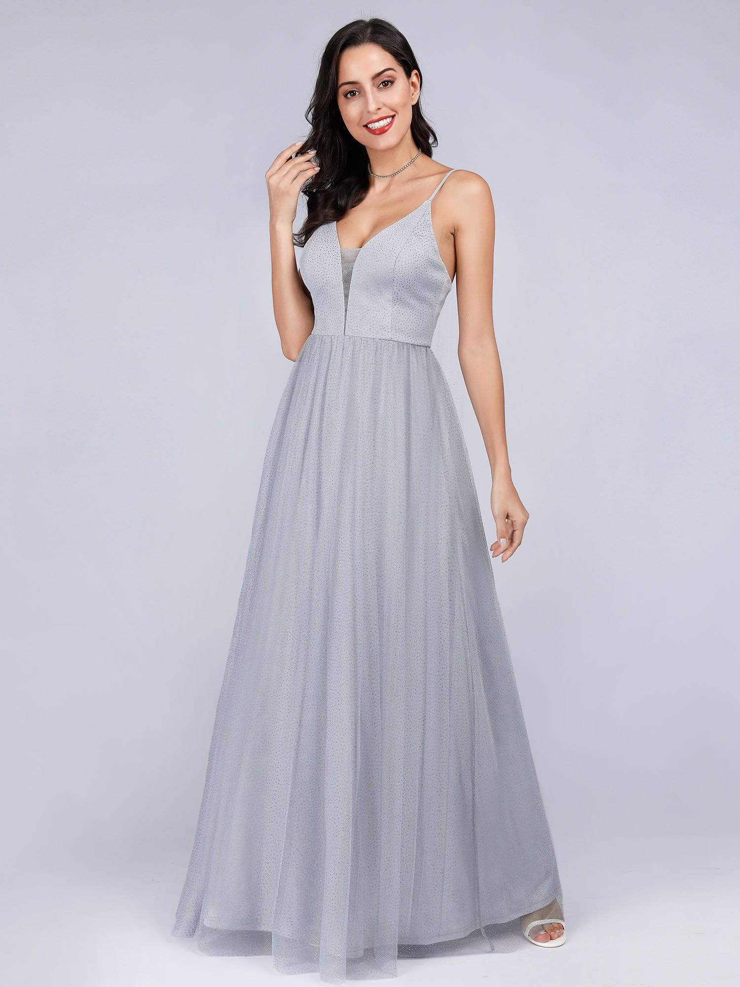 Color=Grey | Women'S Sleeveless V-Neck Evening Dress-Grey 4 Color=Grey | Women'S Sleeveless V-Neck Evening Dress-Grey 4