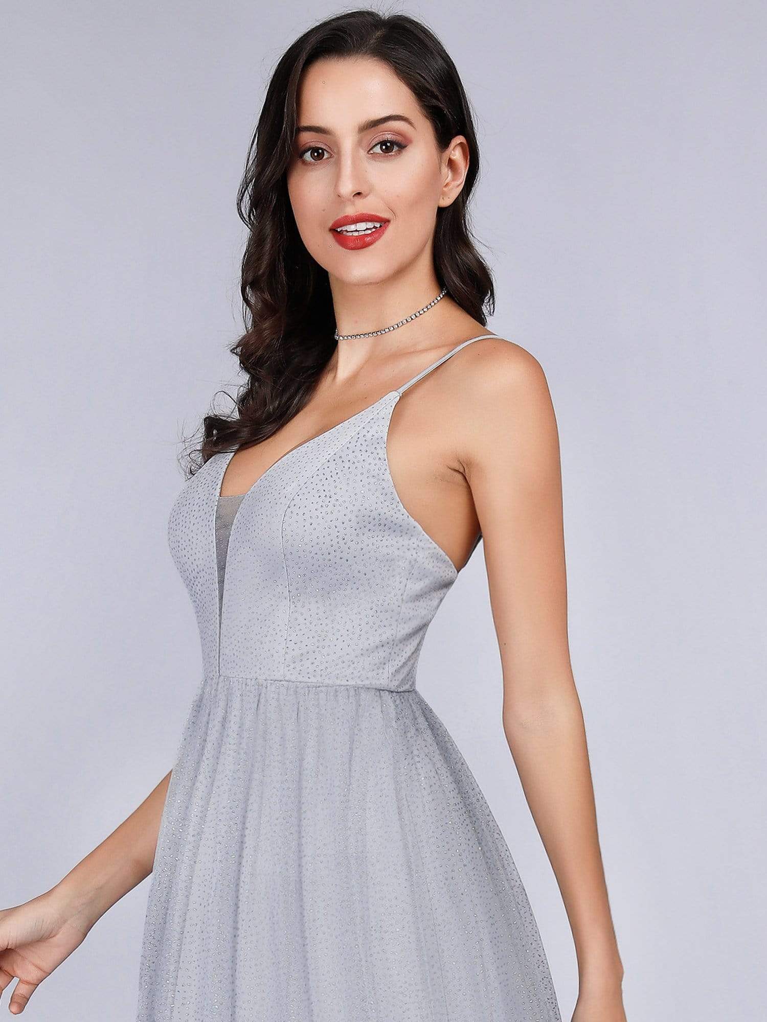 Color=Grey | Women'S Sleeveless V-Neck Evening Dress-Grey 5 Color=Grey | Women'S Sleeveless V-Neck Evening Dress-Grey 5