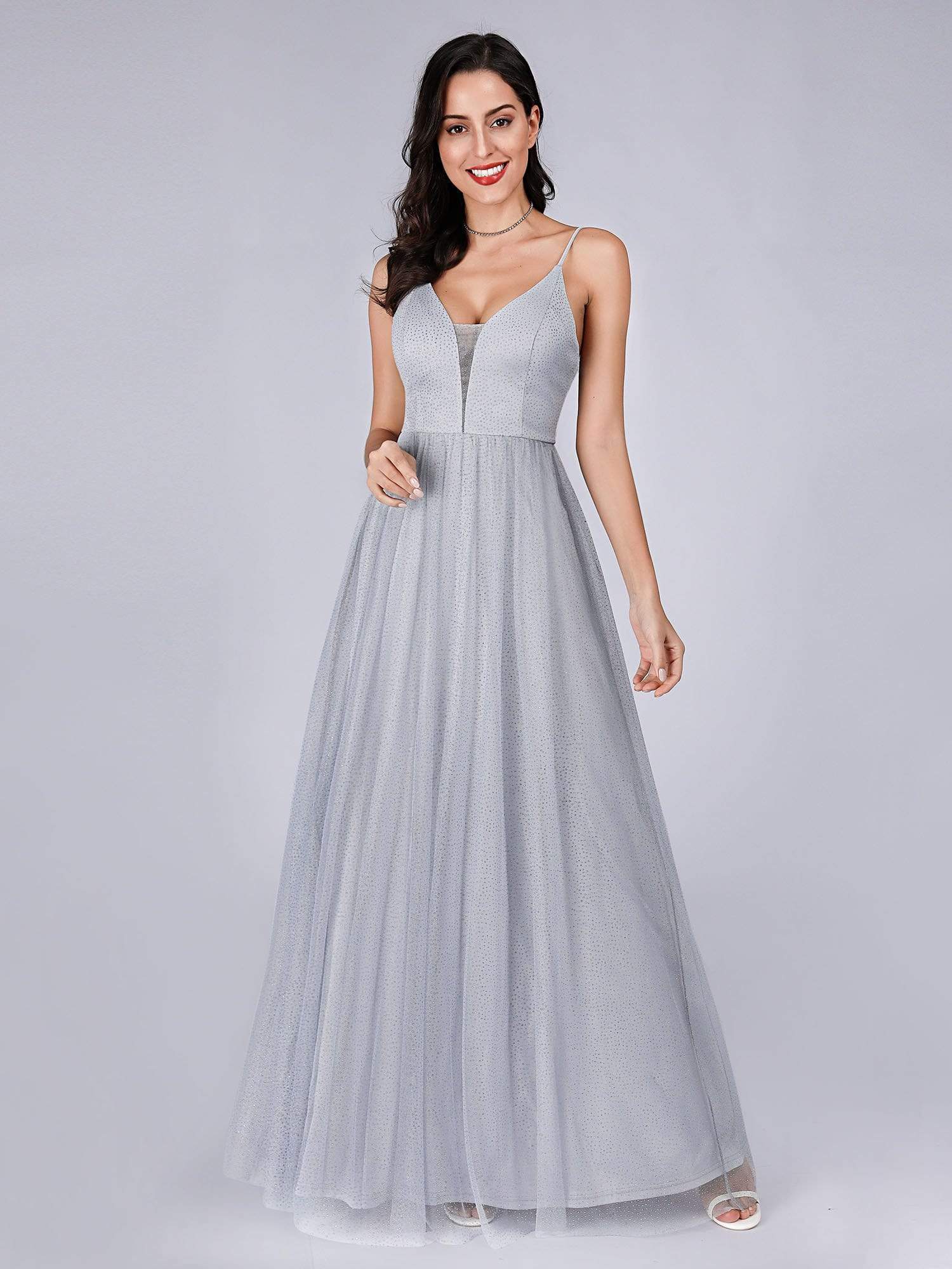Color=Grey | Women'S Sleeveless V-Neck Evening Dress-Grey 1 Color=Grey | Women'S Sleeveless V-Neck Evening Dress-Grey 1