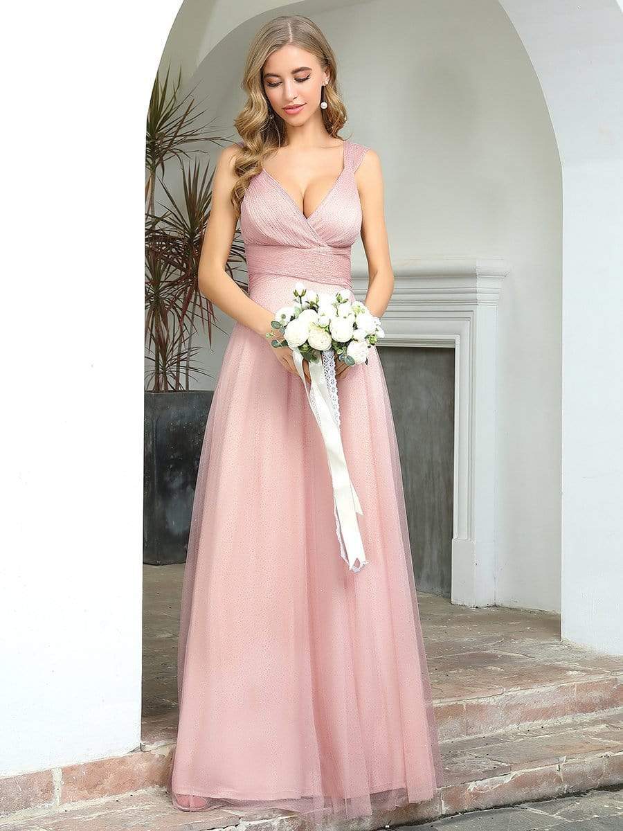 COLOR=Pink | Women'S A-Line V-Neck Sleeveless Floor Length Bridesmaid Dresses-Pink 1 COLOR=Pink | Women'S A-Line V-Neck Sleeveless Floor Length Bridesmaid Dresses-Pink 1