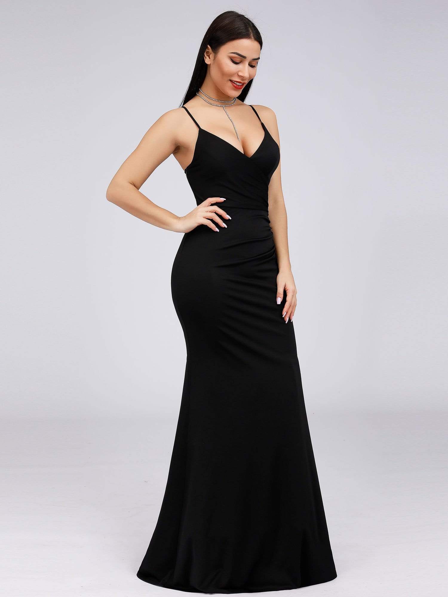 Color=Black | Women'S Fashion V Neck Floor Length Fishtail Evening Dress-Black 3 Color=Black | Women'S Fashion V Neck Floor Length Fishtail Evening Dress-Black 3
