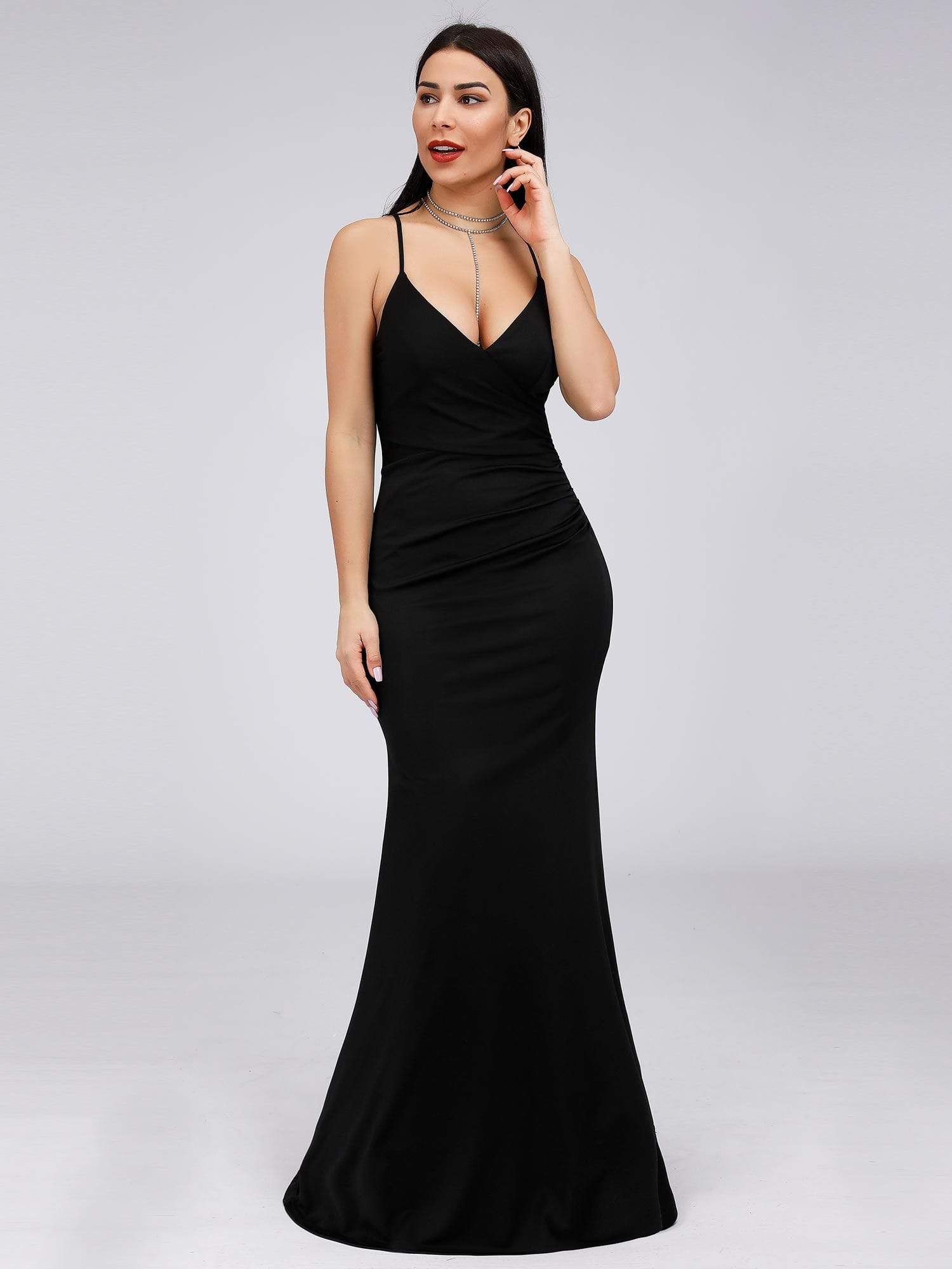Color=Black | Women'S Fashion V Neck Floor Length Fishtail Evening Dress-Black 1 Color=Black | Women'S Fashion V Neck Floor Length Fishtail Evening Dress-Black 1