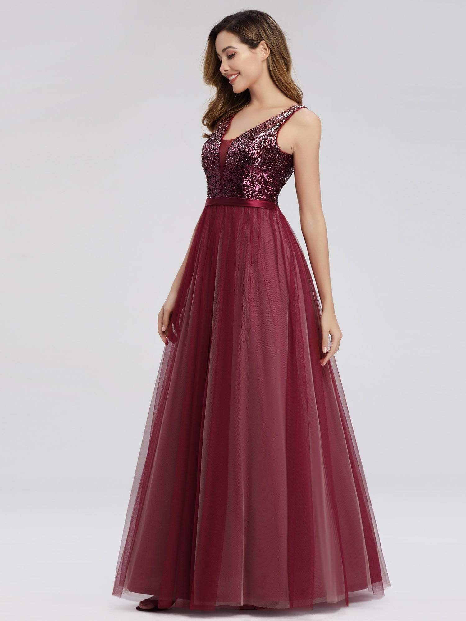 Color=Burgundy | Women'S V-Neck Sequin Dress Patchwork Evening Party Dresses-Burgundy 2 Color=Burgundy | Women'S V-Neck Sequin Dress Patchwork Evening Party Dresses-Burgundy 2