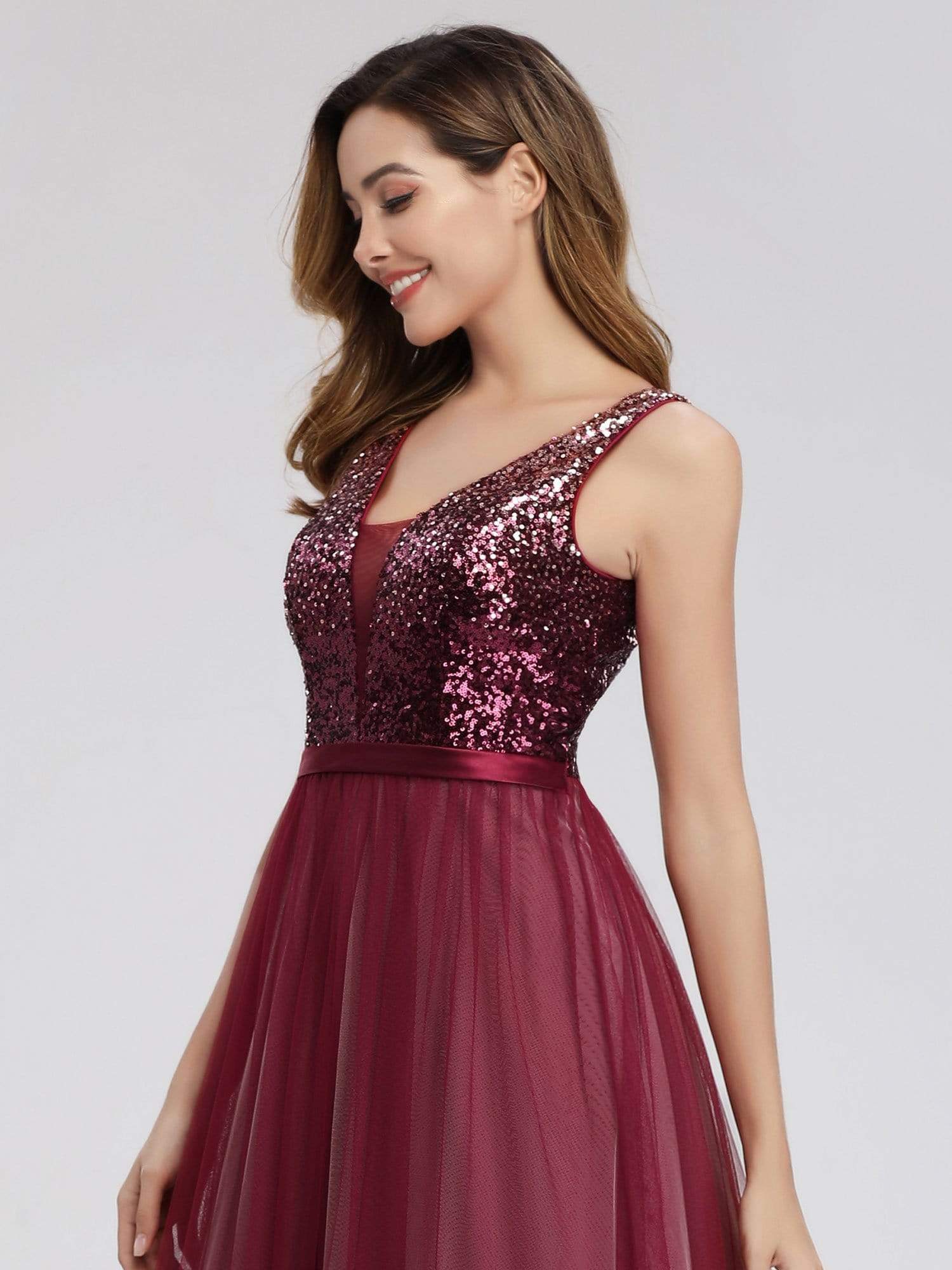Color=Burgundy | Women'S V-Neck Sequin Dress Patchwork Evening Party Dresses-Burgundy 5 Color=Burgundy | Women'S V-Neck Sequin Dress Patchwork Evening Party Dresses-Burgundy 5