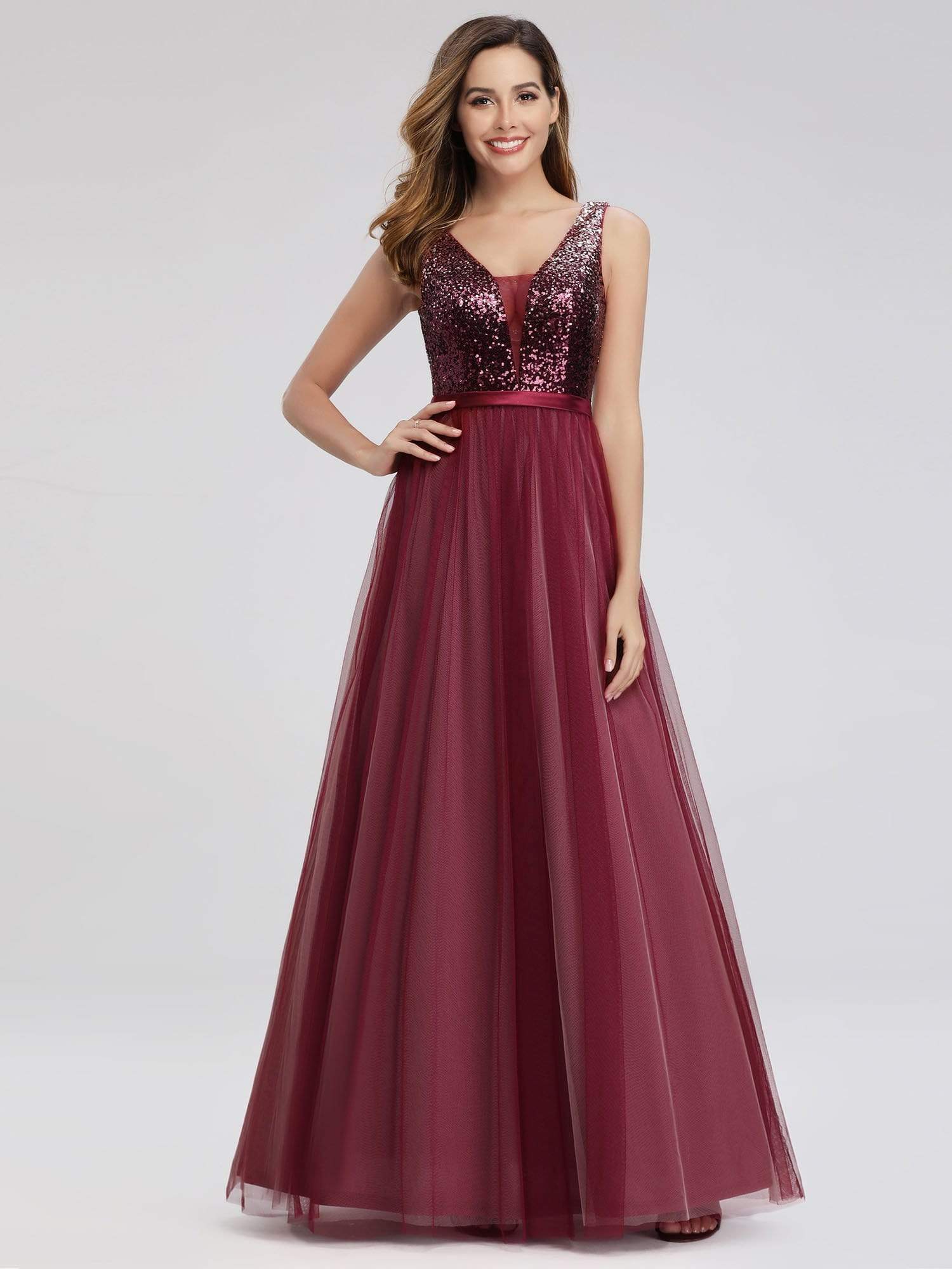 Color=Burgundy | Women'S V-Neck Sequin Dress Patchwork Evening Party Dresses-Burgundy 1 Color=Burgundy | Women'S V-Neck Sequin Dress Patchwork Evening Party Dresses-Burgundy 1