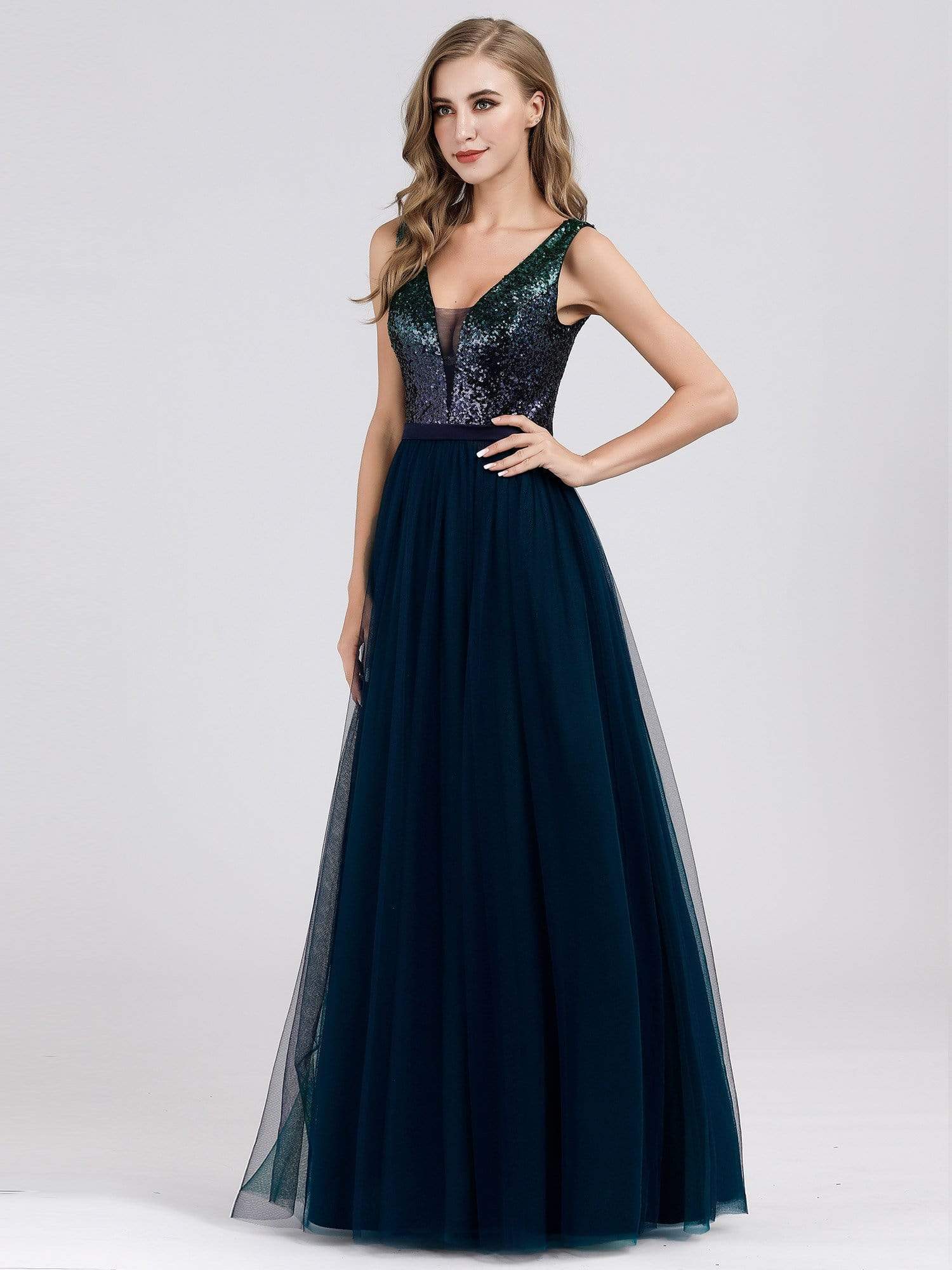 Color=Navy Blue | Women'S V-Neck Sequin Dress Patchwork Evening Party Dresses-Navy Blue 3 Color=Navy Blue | Women'S V-Neck Sequin Dress Patchwork Evening Party Dresses-Navy Blue 3