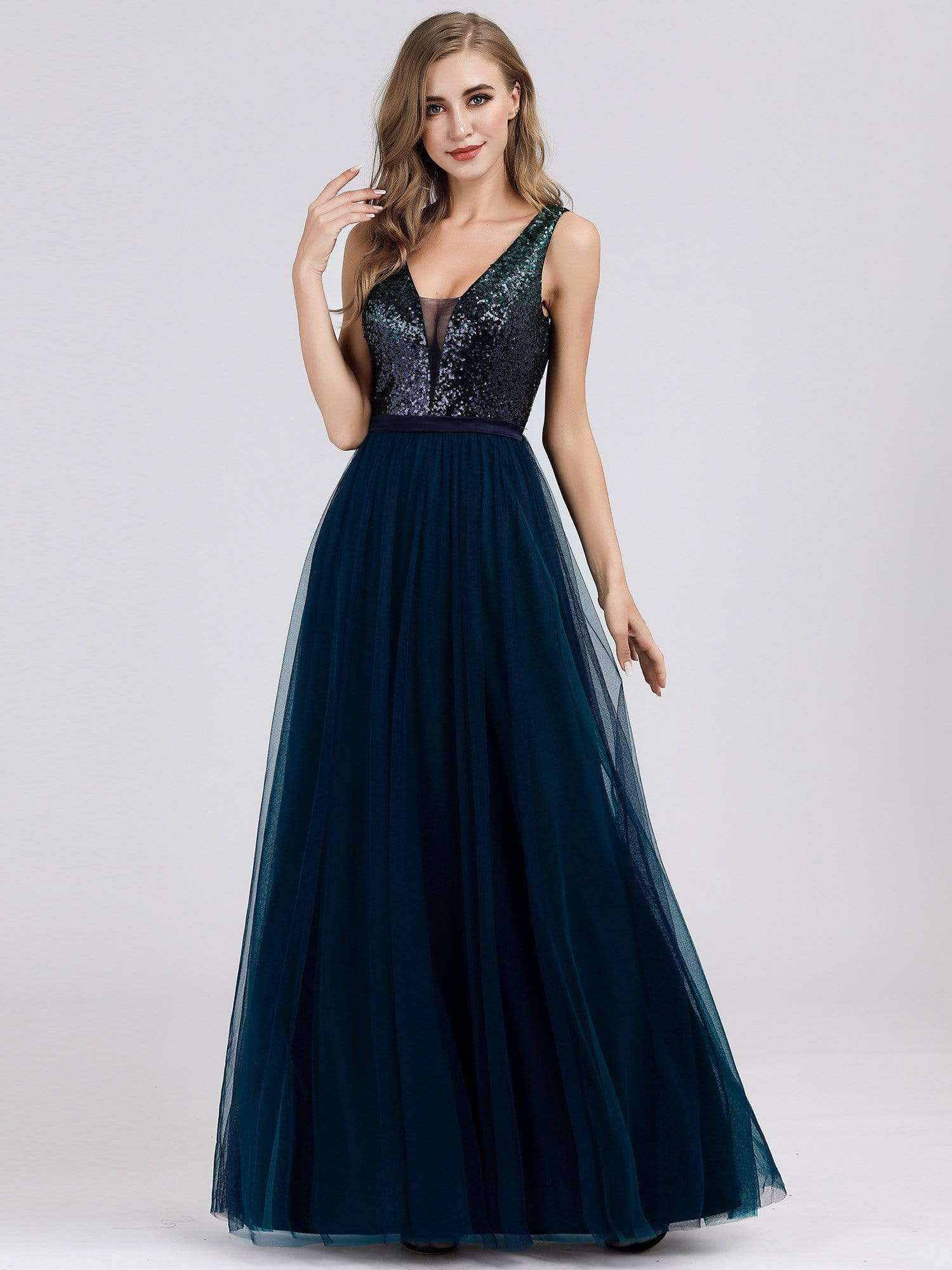 Color=Navy Blue | Women'S V-Neck Sequin Dress Patchwork Evening Party Dresses-Navy Blue 4 Color=Navy Blue | Women'S V-Neck Sequin Dress Patchwork Evening Party Dresses-Navy Blue 4