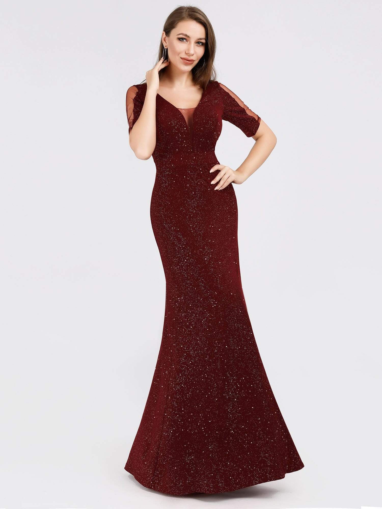 Color=Burgundy | Women'S A-Line V-Neck Short Sleeve Sequins Evening Dress-Burgundy 1 Color=Burgundy | Women'S A-Line V-Neck Short Sleeve Sequins Evening Dress-Burgundy 1