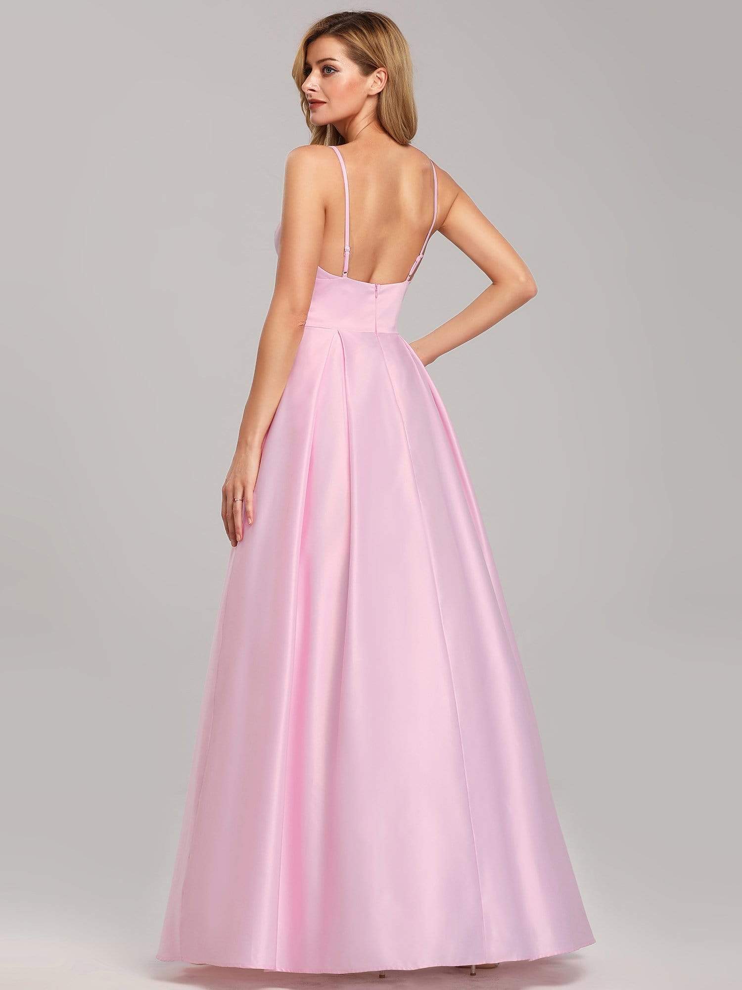Color=Pink | Women'S A-Line V-Neck Satin Floor-Length Evening Dresses-Pink 4 Color=Pink | Women'S A-Line V-Neck Satin Floor-Length Evening Dresses-Pink 4