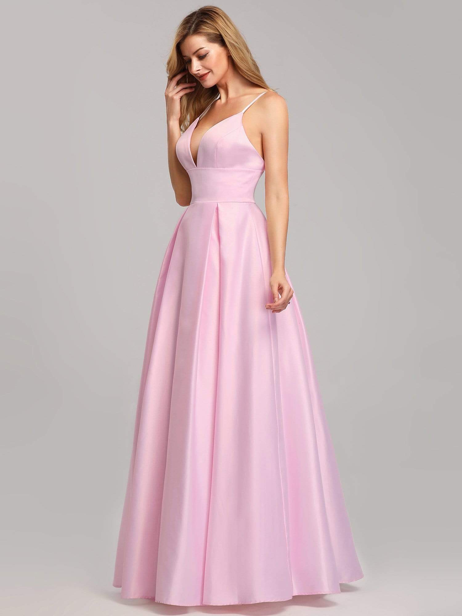 Color=Pink | Women'S A-Line V-Neck Satin Floor-Length Evening Dresses-Pink 6 Color=Pink | Women'S A-Line V-Neck Satin Floor-Length Evening Dresses-Pink 6