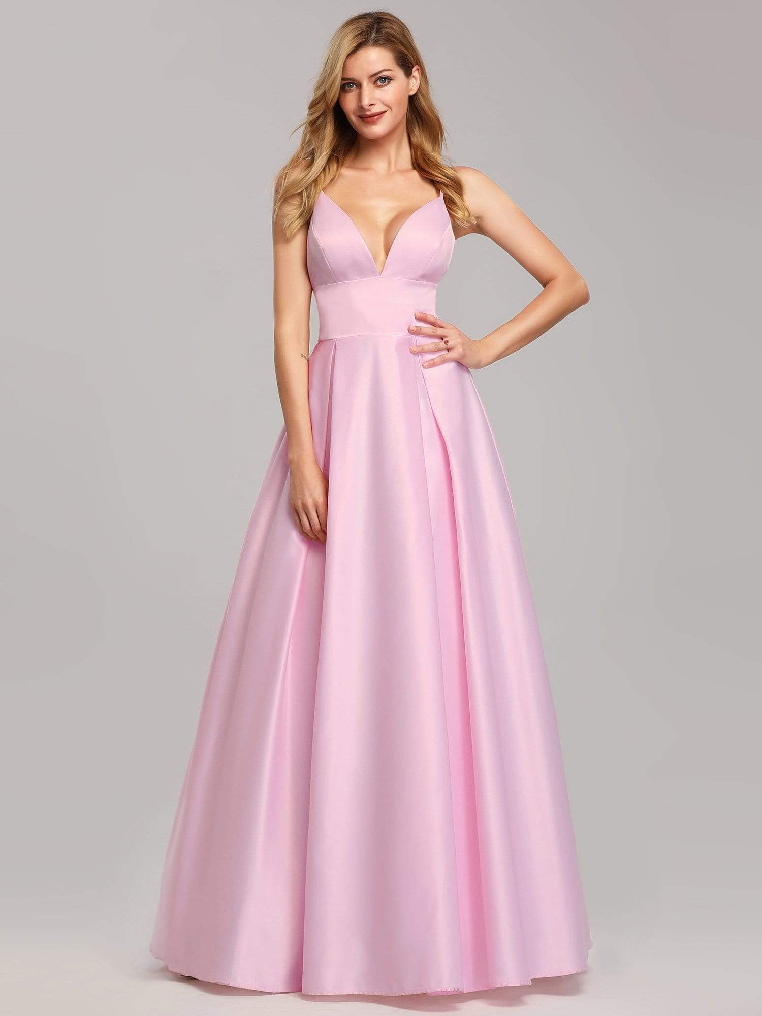Color=Pink | Women'S A-Line V-Neck Satin Floor-Length Evening Dresses-Pink 3 Color=Pink | Women'S A-Line V-Neck Satin Floor-Length Evening Dresses-Pink 3