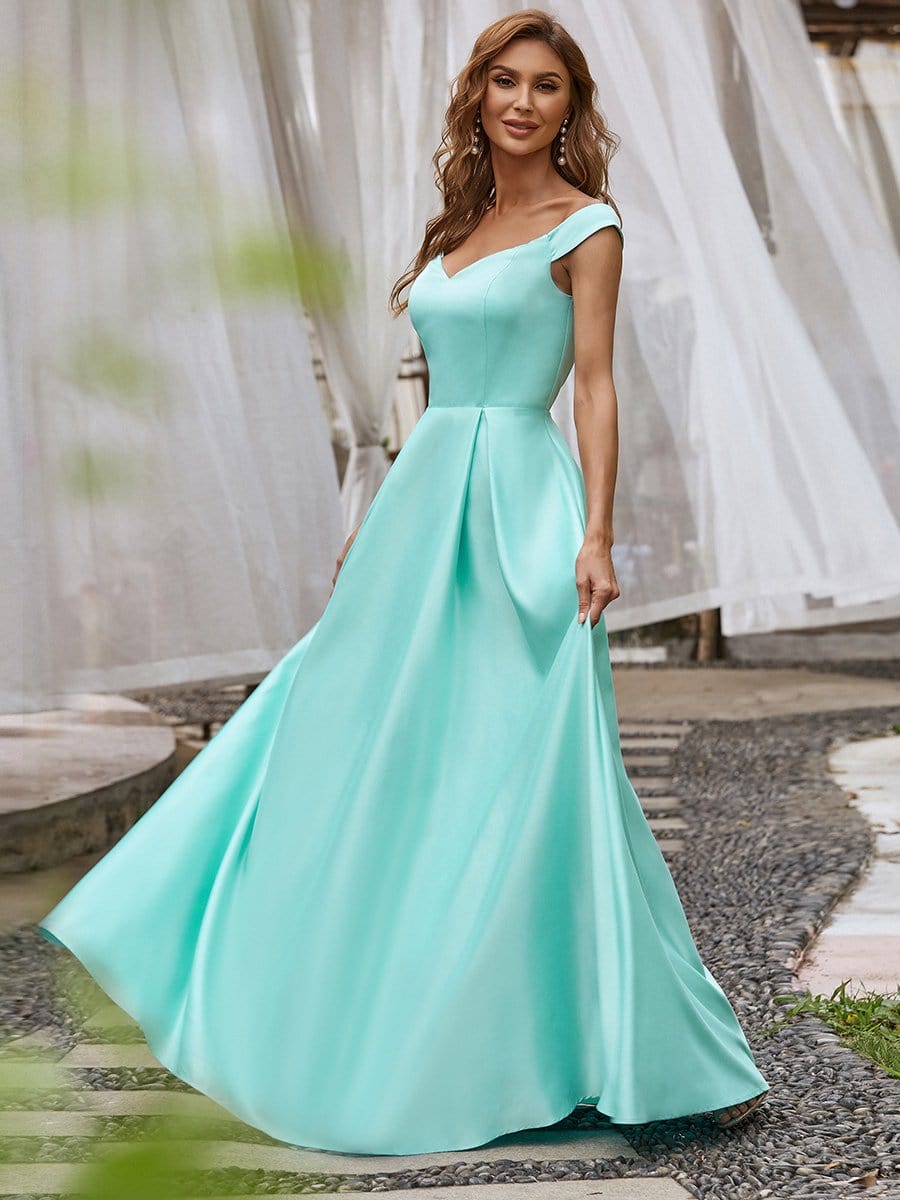 Color=Aqua | Women's A-Line V-Neck Off Shoulder Evening Dress-Aqua 4 Color=Aqua | Women's A-Line V-Neck Off Shoulder Evening Dress-Aqua 4
