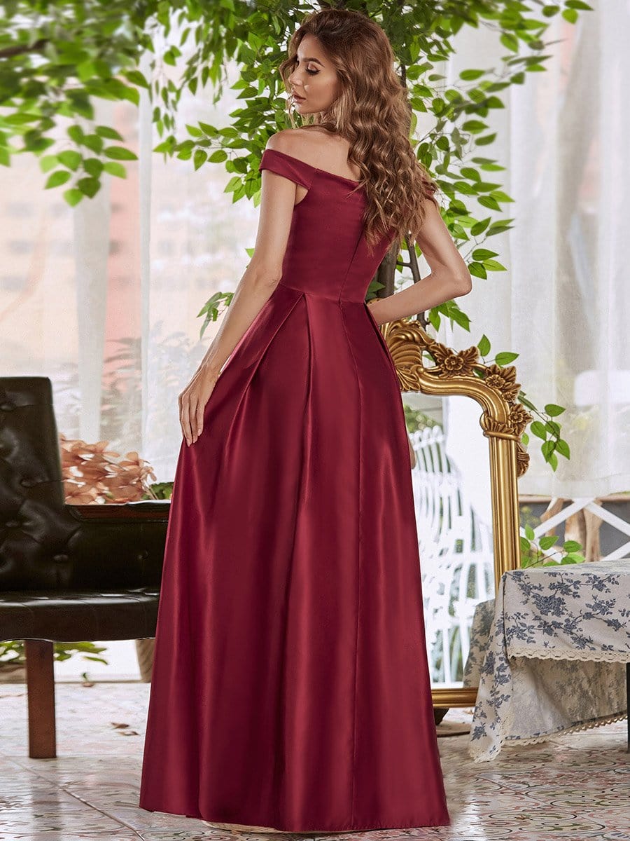 Color=Burgundy | Women's A-Line V-Neck Off Shoulder Evening Dress-Burgundy 2 Color=Burgundy | Women's A-Line V-Neck Off Shoulder Evening Dress-Burgundy 2