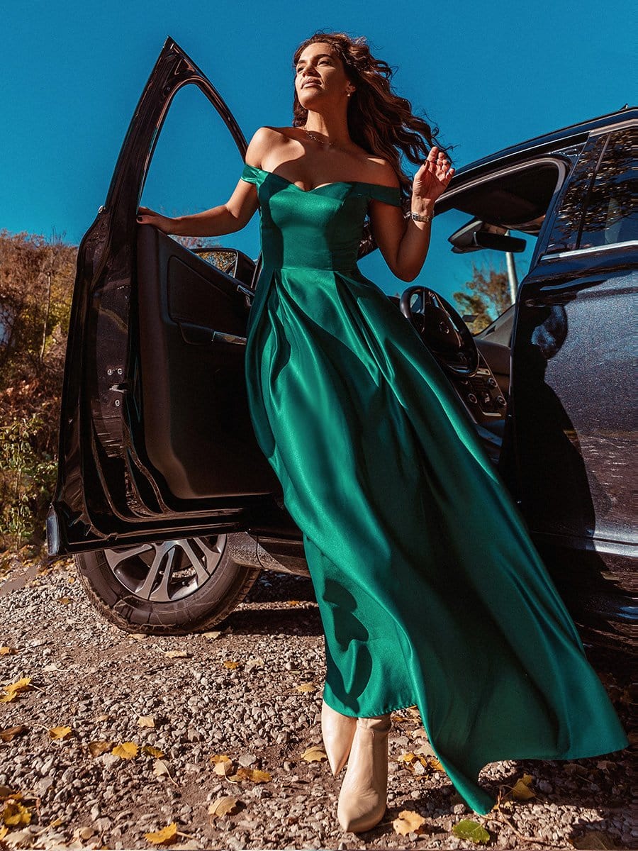 Color=Dark Green | Women's A-Line V-Neck Off Shoulder Evening Dress-Dark Green 1 Color=Dark Green | Women's A-Line V-Neck Off Shoulder Evening Dress-Dark Green 1