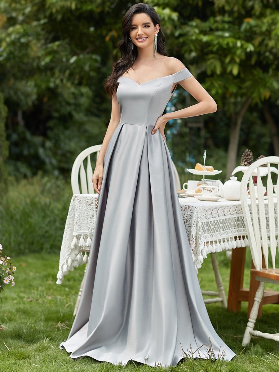 Color=Grey | Women's A-Line V-Neck Off Shoulder Evening Dress-Grey 1 Color=Grey | Women's A-Line V-Neck Off Shoulder Evening Dress-Grey 1