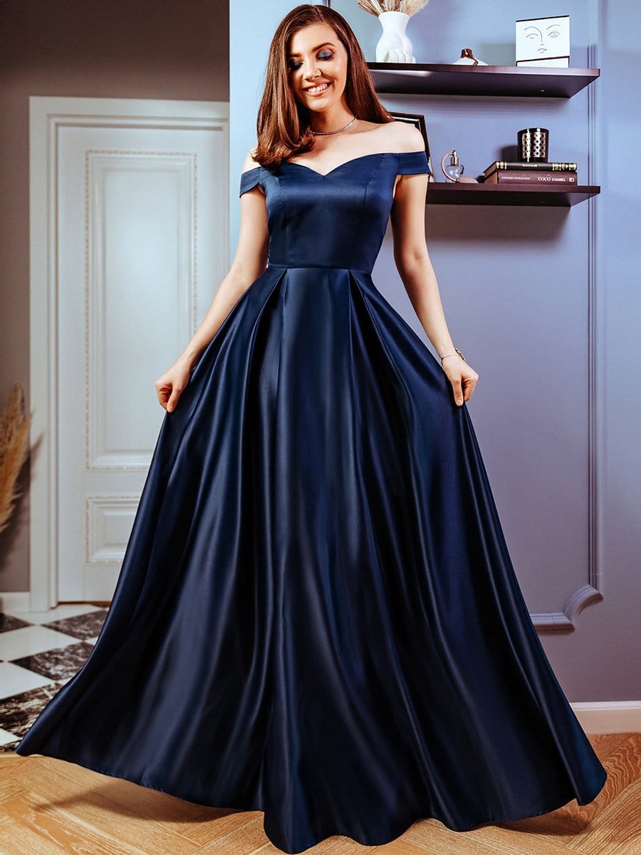 Color=Navy Blue | Women's A-Line V-Neck Off Shoulder Evening Dress-Navy Blue 1 Color=Navy Blue | Women's A-Line V-Neck Off Shoulder Evening Dress-Navy Blue 1