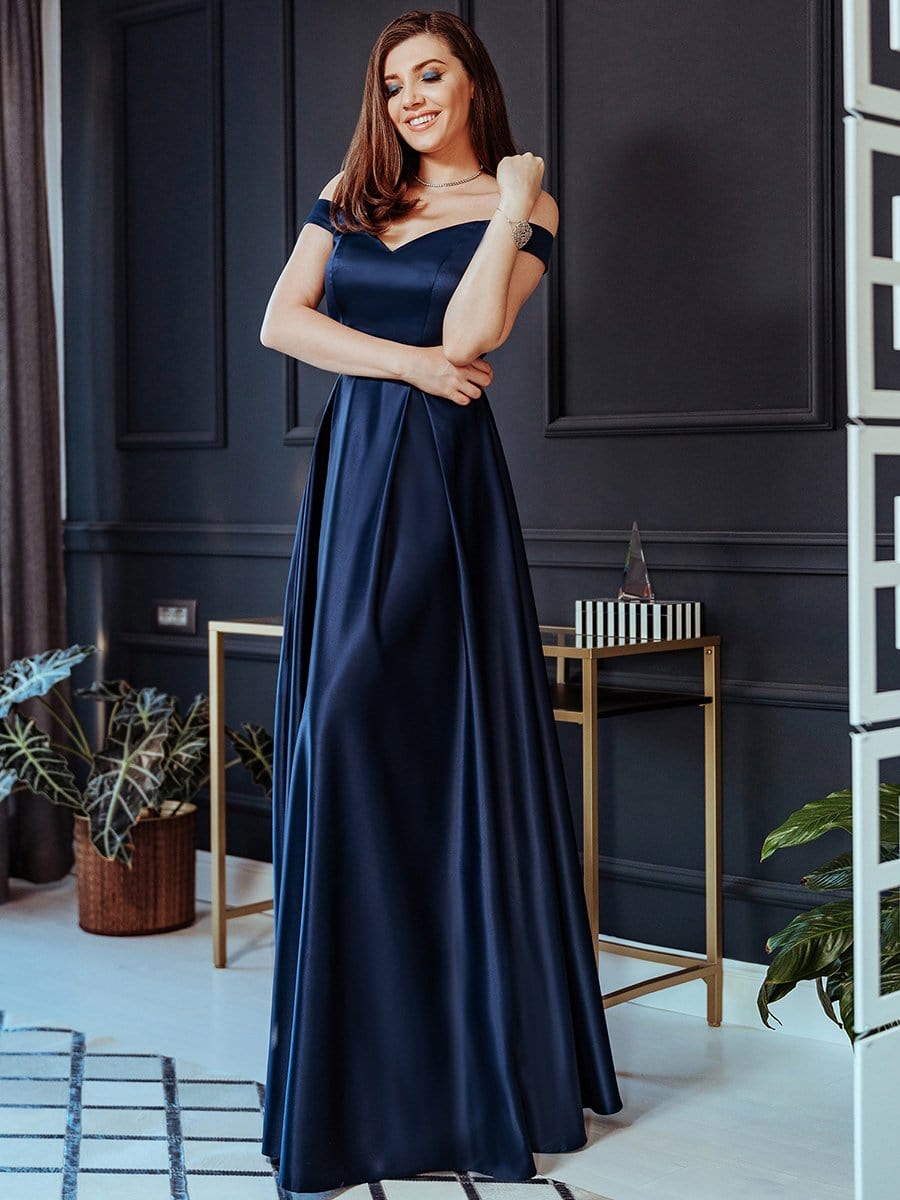 Color=Navy Blue | Women's A-Line V-Neck Off Shoulder Evening Dress-Navy Blue 2 Color=Navy Blue | Women's A-Line V-Neck Off Shoulder Evening Dress-Navy Blue 2