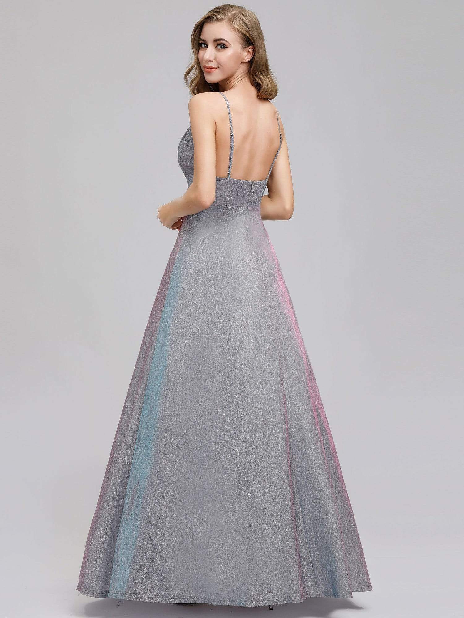 Color=Grey | Women'S Deep V-Neck Spaghetti Straps Evening Party Maxi Dress-Grey 2 Color=Grey | Women'S Deep V-Neck Spaghetti Straps Evening Party Maxi Dress-Grey 2