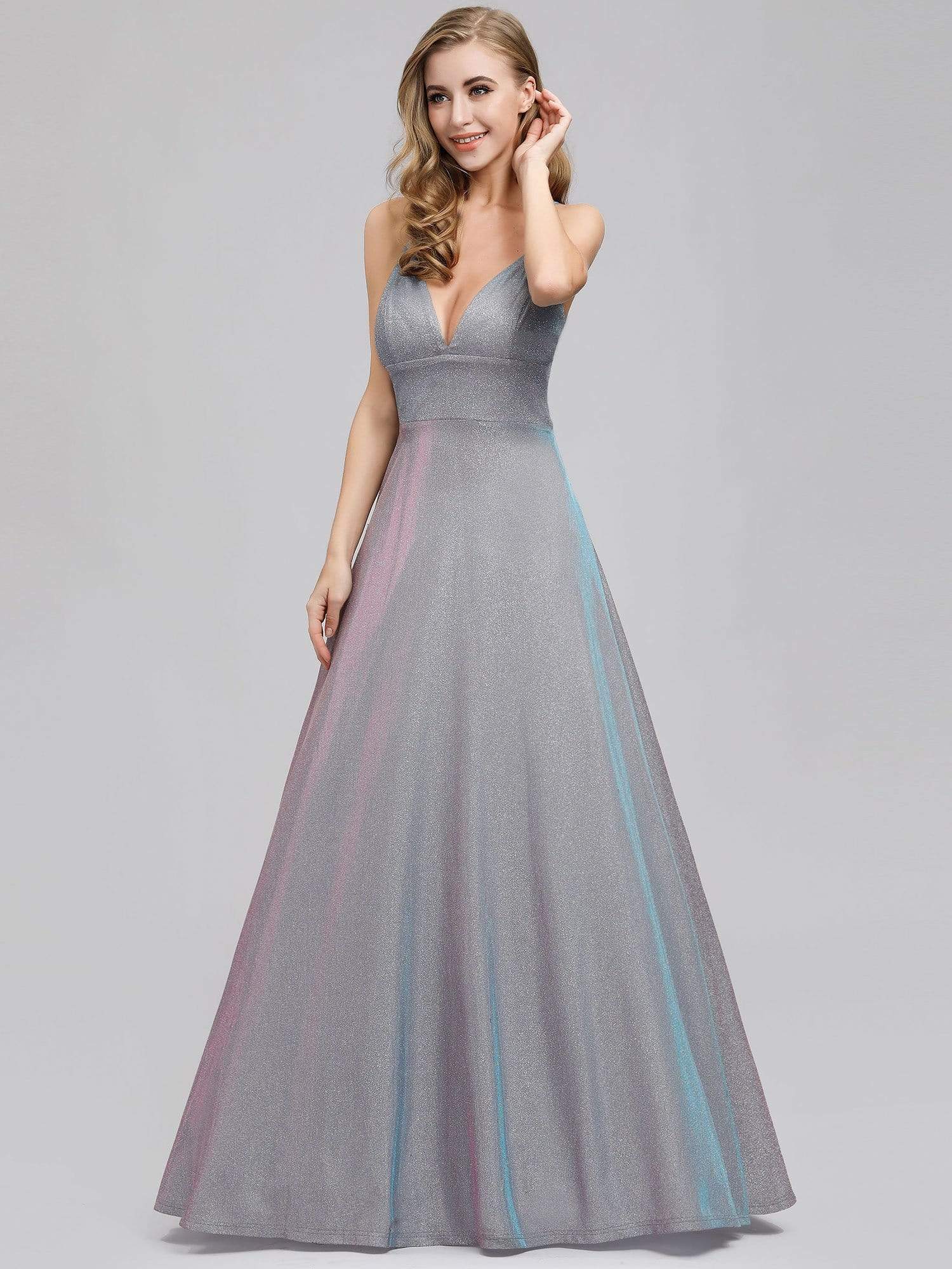 Color=Grey | Women'S Deep V-Neck Spaghetti Straps Evening Party Maxi Dress-Grey 3 Color=Grey | Women'S Deep V-Neck Spaghetti Straps Evening Party Maxi Dress-Grey 3