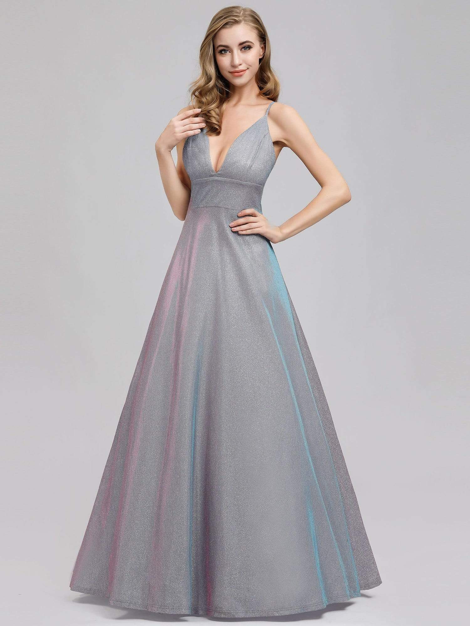 Color=Grey | Women'S Deep V-Neck Spaghetti Straps Evening Party Maxi Dress-Grey 4 Color=Grey | Women'S Deep V-Neck Spaghetti Straps Evening Party Maxi Dress-Grey 4