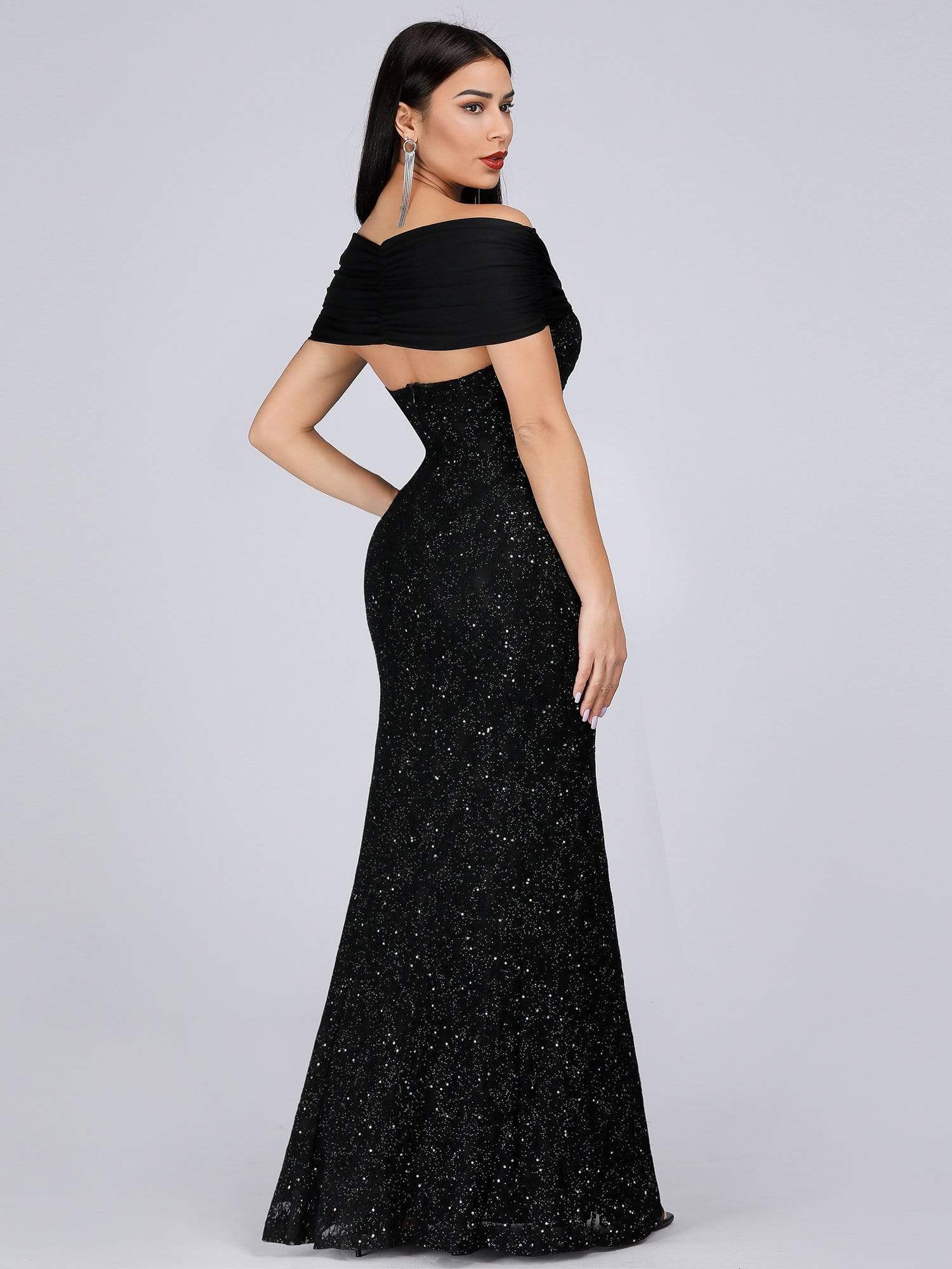 Color=Black | Classic Off Shoulder Floor Length Fishtail Evening Dress-Black 2 Color=Black | Classic Off Shoulder Floor Length Fishtail Evening Dress-Black 2
