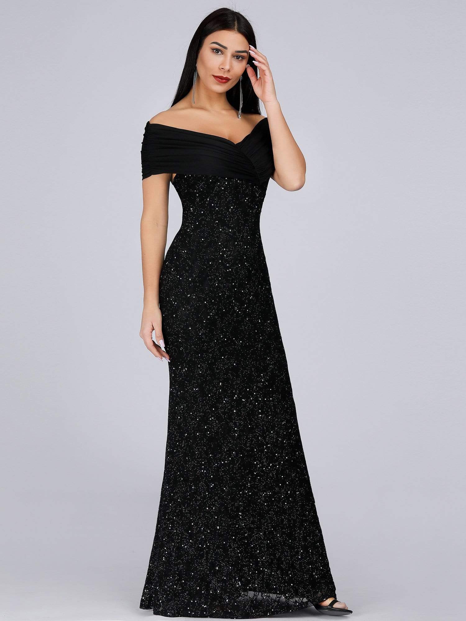 Color=Black | Classic Off Shoulder Floor Length Fishtail Evening Dress-Black 4 Color=Black | Classic Off Shoulder Floor Length Fishtail Evening Dress-Black 4