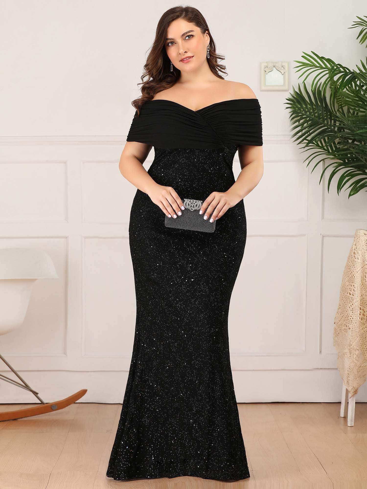 Color=Black | Plus Size Classic Off Shoulder Floor Length Fishtail Evening Dress-Black 4 Color=Black | Plus Size Classic Off Shoulder Floor Length Fishtail Evening Dress-Black 4