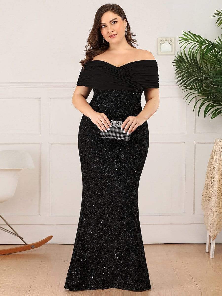 Color=Black | Classic Off Shoulder Floor Length Fishtail Evening Dress-Black 9 Color=Black | Classic Off Shoulder Floor Length Fishtail Evening Dress-Black 9