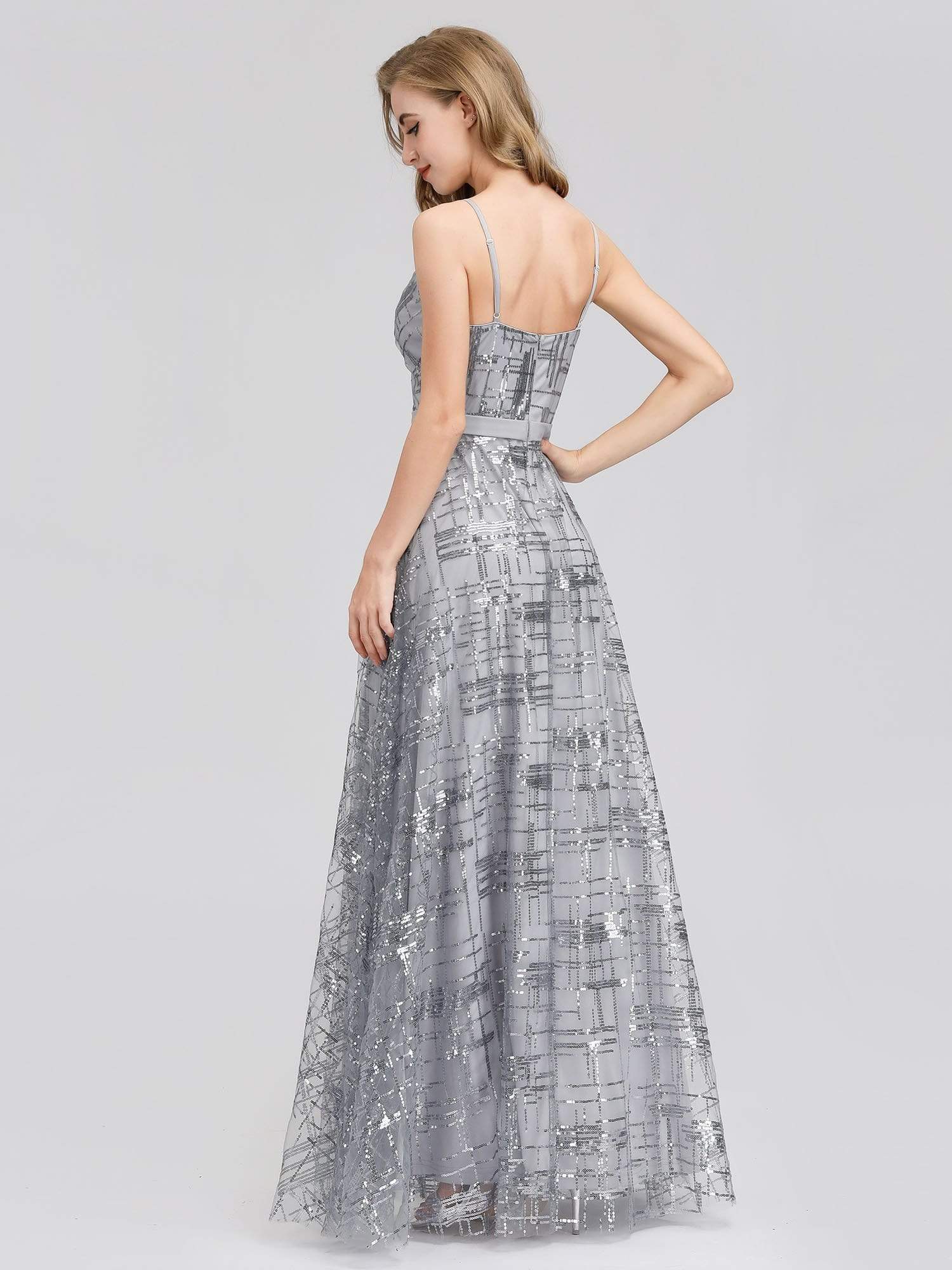 Color=Grey | V-Neck Floor Length Evening Dress With Thigh High Slit-Grey 2 Color=Grey | V-Neck Floor Length Evening Dress With Thigh High Slit-Grey 2